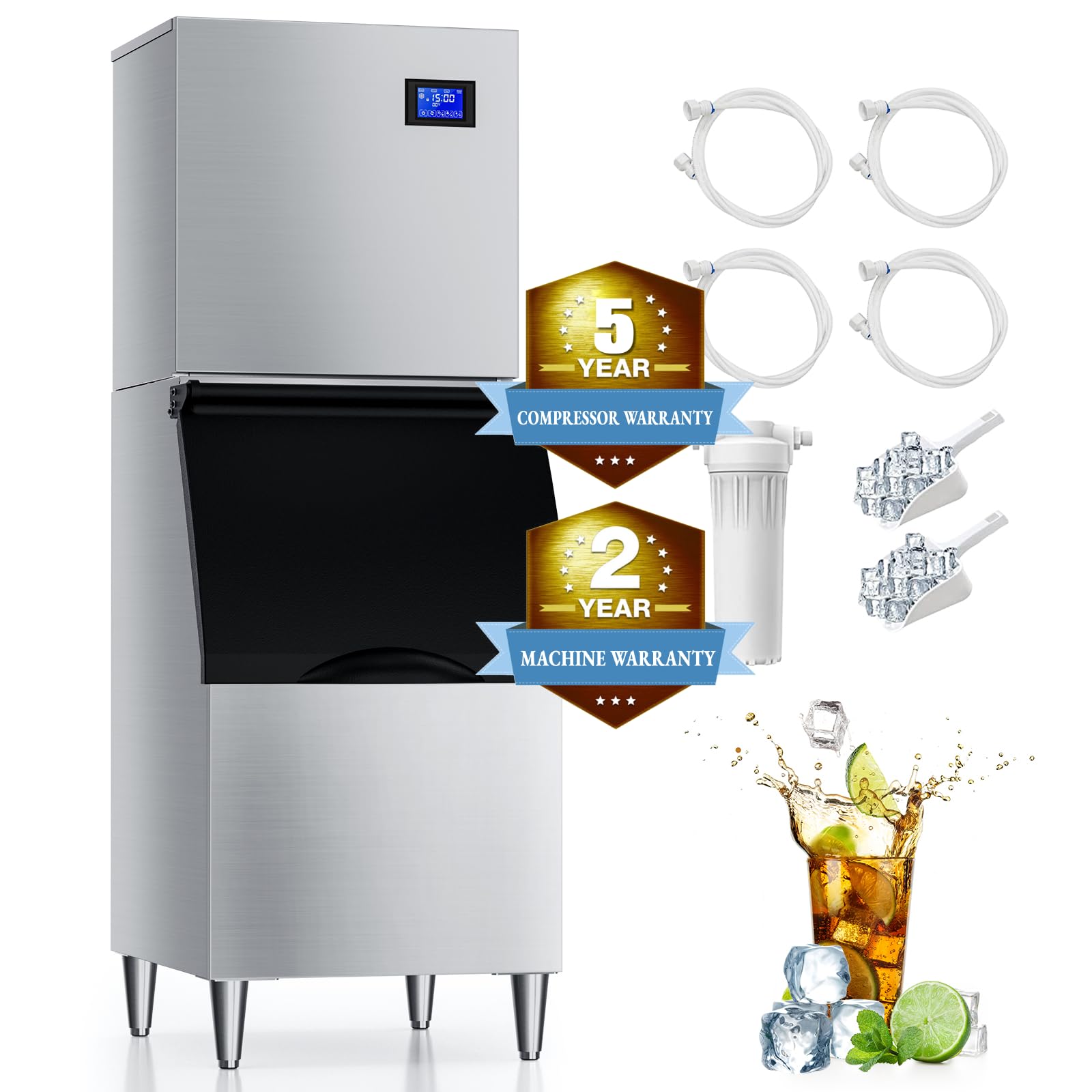 Commercial 500Lbs/24H Ice Maker Machine,Ice Ready in 5-15 min, 350Lbs Large Storage,800W Stainless Steel Nugget Ice Machine with Filters,Water Line Hook Up,Ice Thicknesses Adjustable