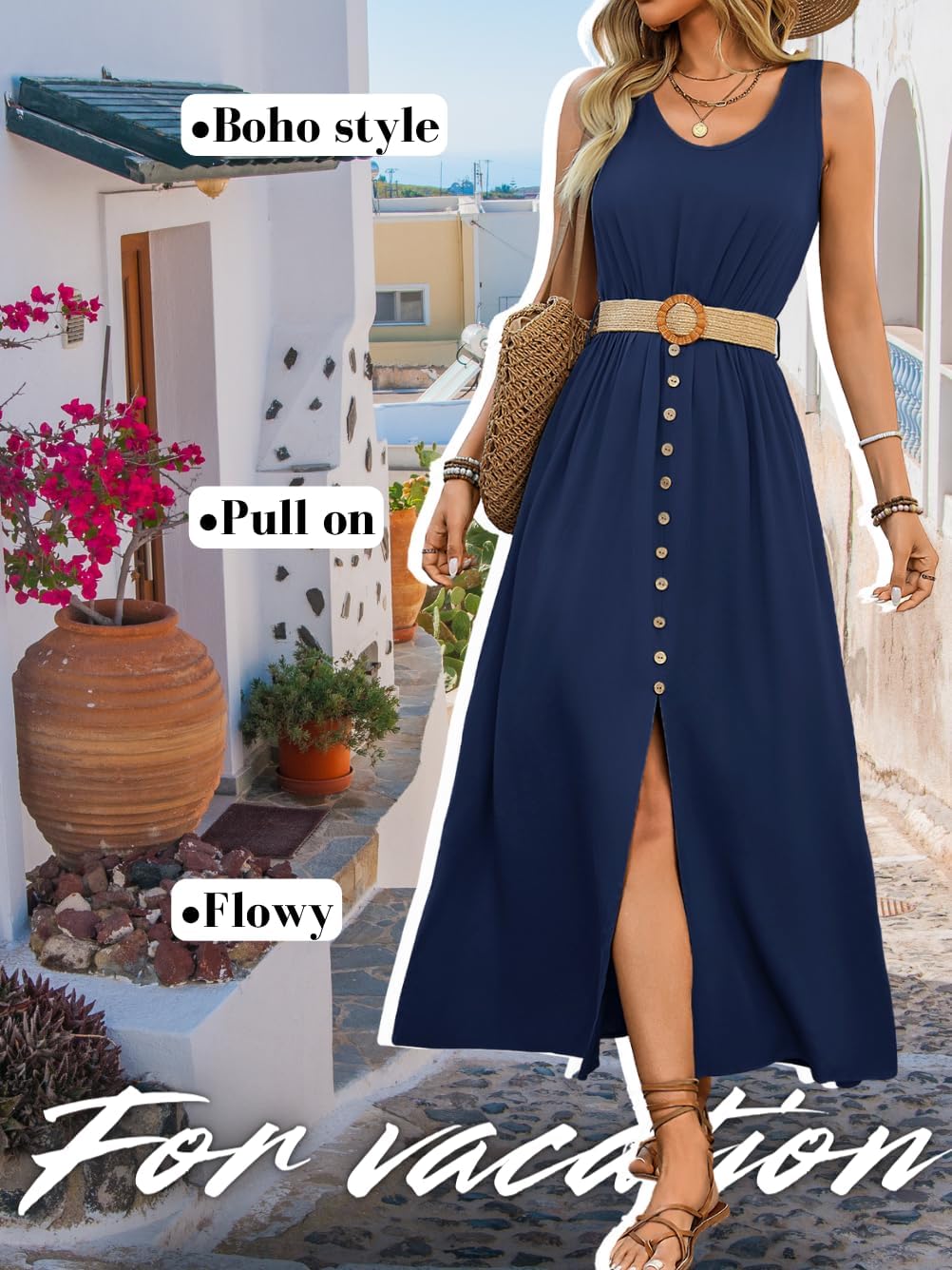 Women's Summer Maxi Dress with Belt, Sleeveless Button Front Slit Casual Sundress Vacation Outfits - Image 5