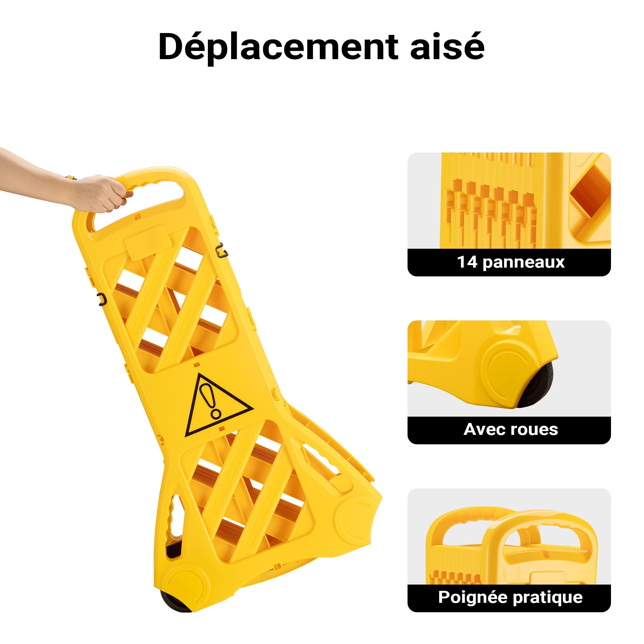 Wiltec Barrière de sécurité pliable en PE – 600 x 320-390 x 1010 mm – Balise de signalisation chantier – sur Roues