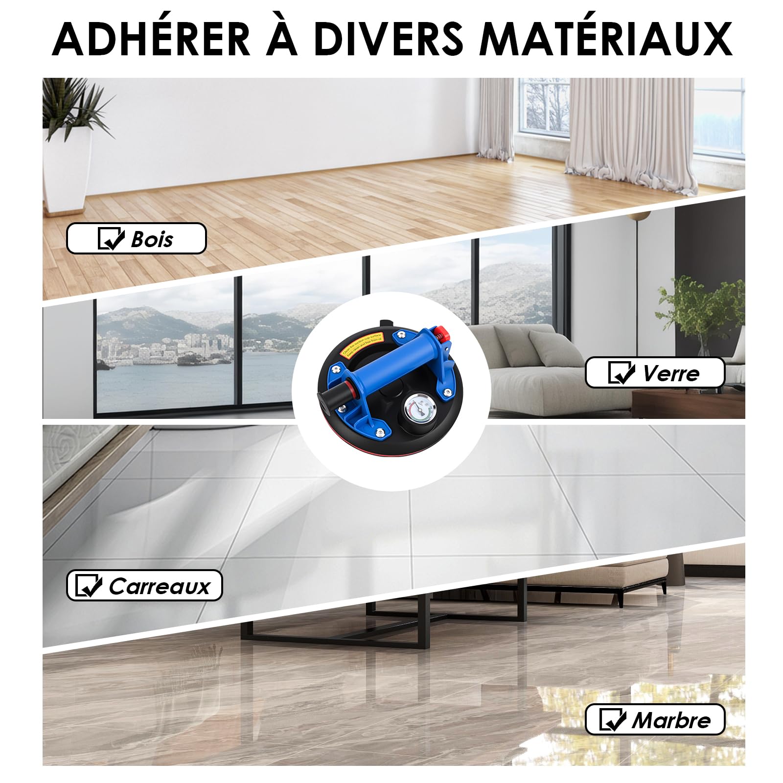 2 Pièces 8" Ventouse Carrelage avec Manomètre, Ventouse Vitrier Capacité de Charge Max 200 kg, Professionnelles Ventouses à Vide avec Boîte de Transport pour Verre, Carreaux, Marbre,Bleu