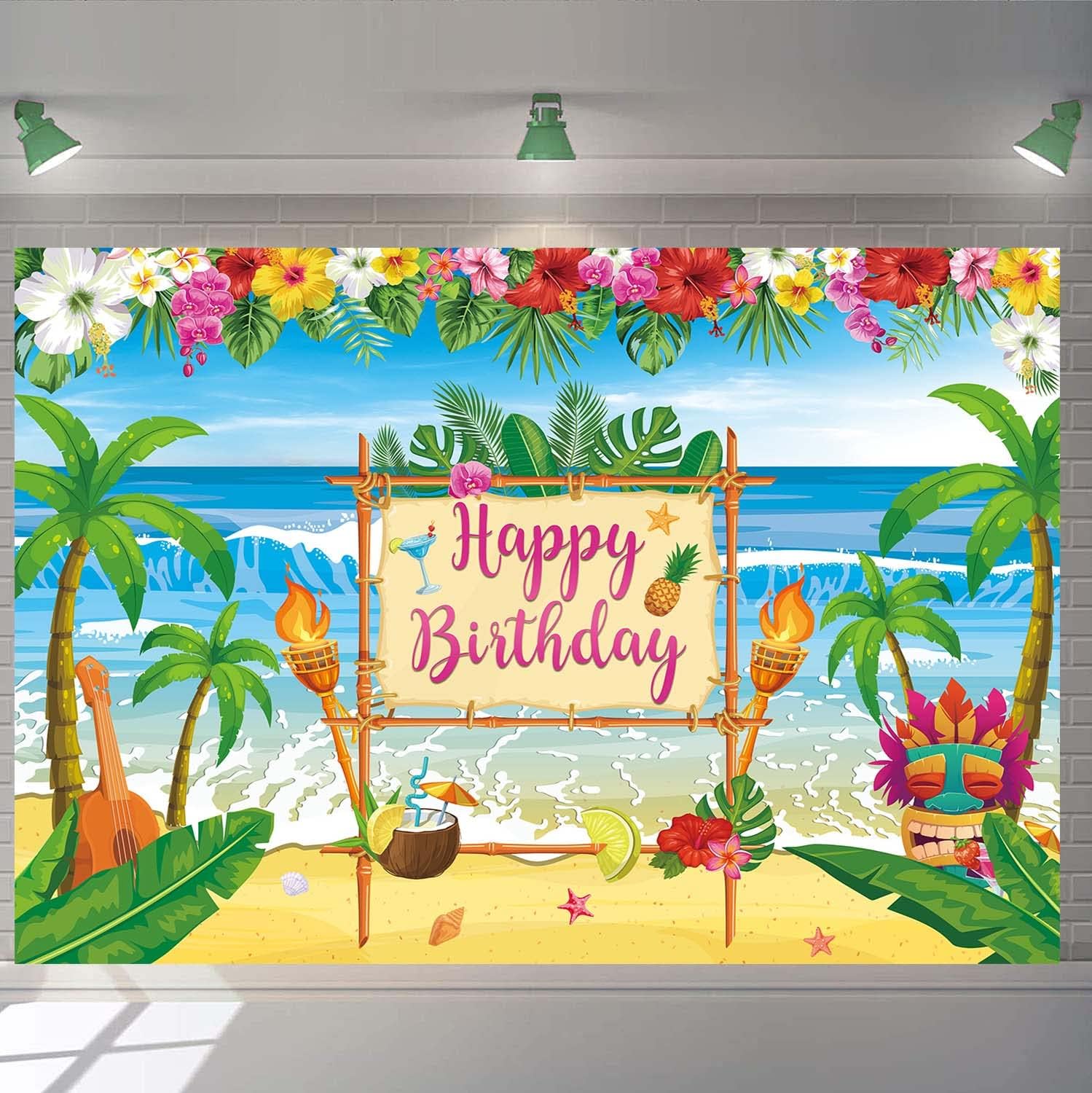 Aloha Hawaiian Birthday Backdrop Summer Luau Beach Party Photography Background Tropical Palm Leaves Flamingo Tiki Themed Birthday Party Decoration Banner (8X6FT(94X70inch))