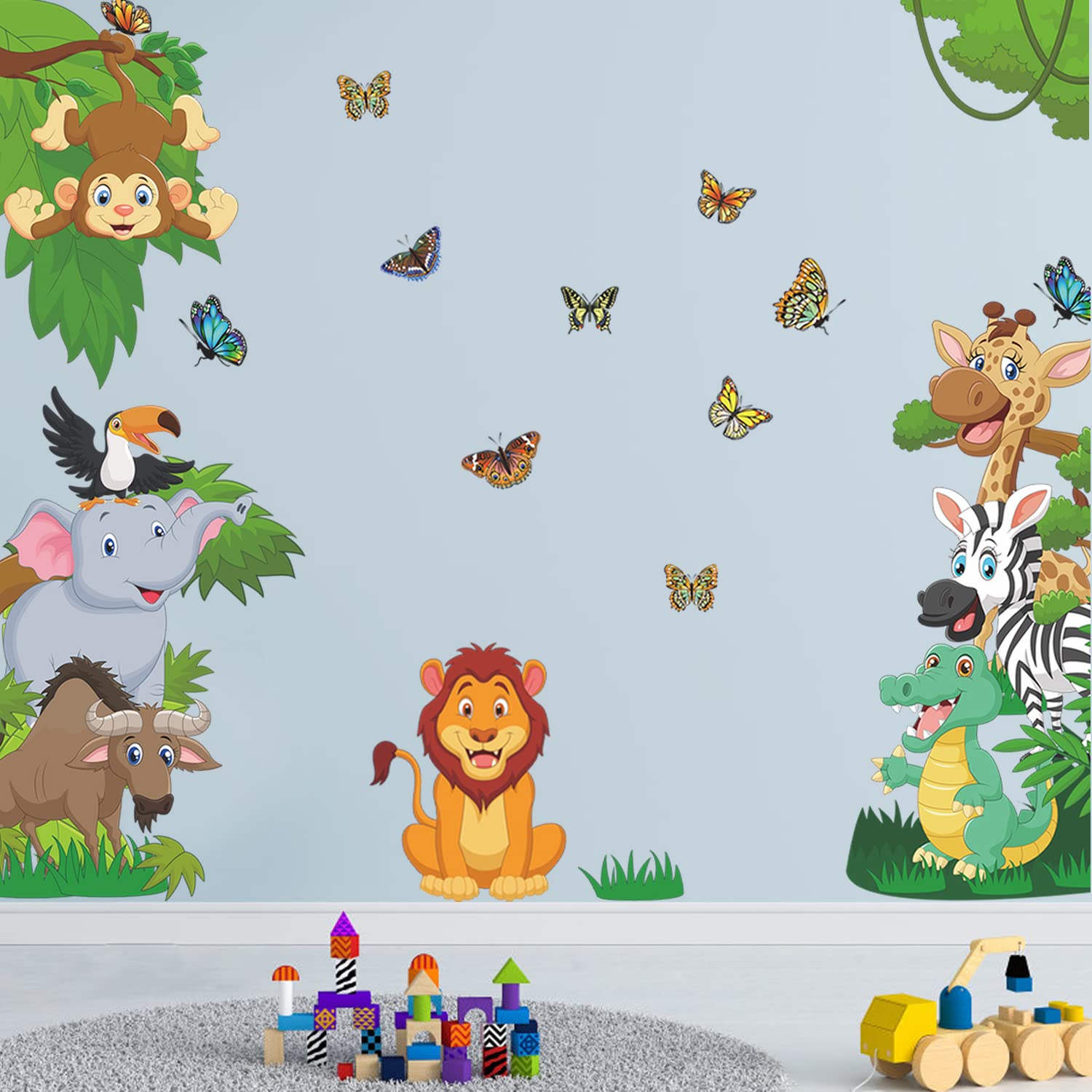 DECOWALL SG2-2410 Stickers Muraux Aquarelles Animaux De La Jungle - Autocollants Éléphant, Lion, Girafe Et Zèbre Pour Chambre Bébé Et Enfant