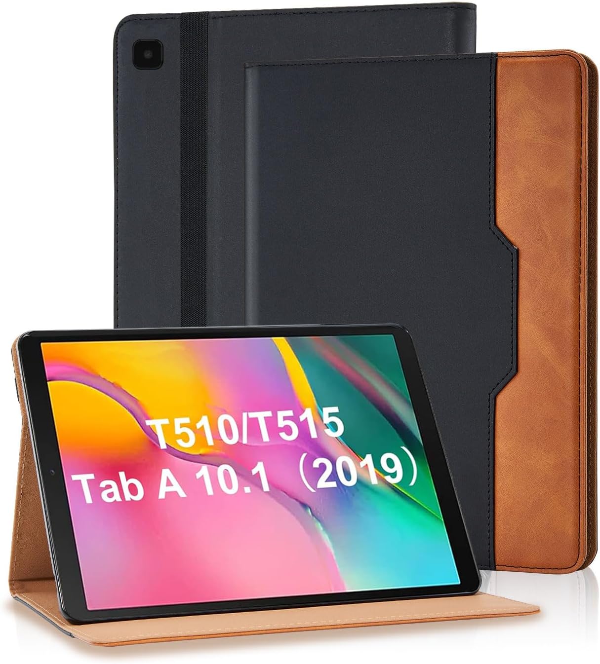 Case for Samsung Galaxy Tab A 10.1 2019 (SM-T510/T515) with Document Slots Premium PU Leather Canvas Folio Stand Protective Case Cover with Auto Sleep/Wake, Black