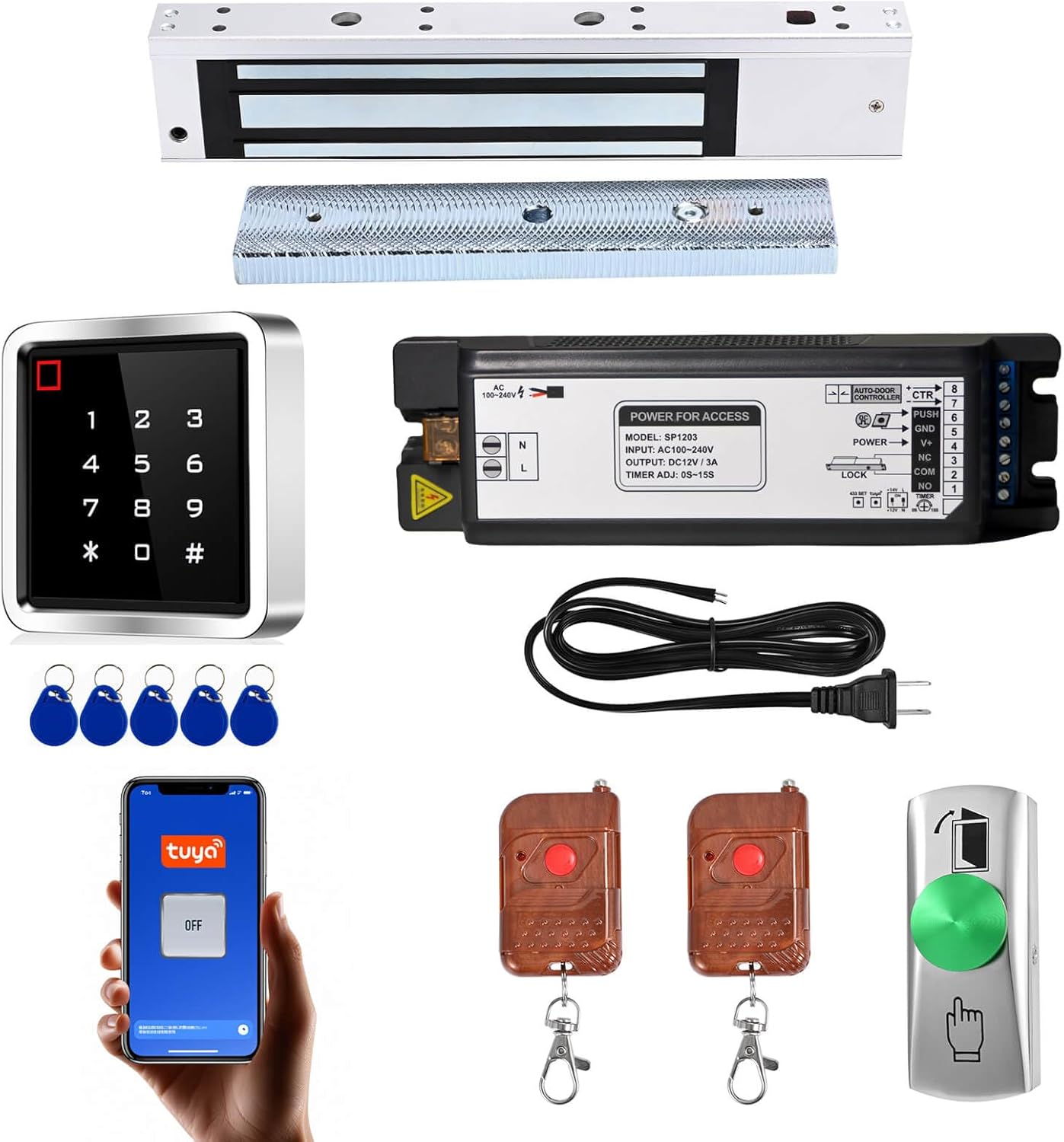 Access Control System Kit with IP68 Waterproof Metal Touch Keypad, 600LB Magnetic Lock, Zinc Alloy Exit Button, 2 Remote Controls and Tuya App Remote Access