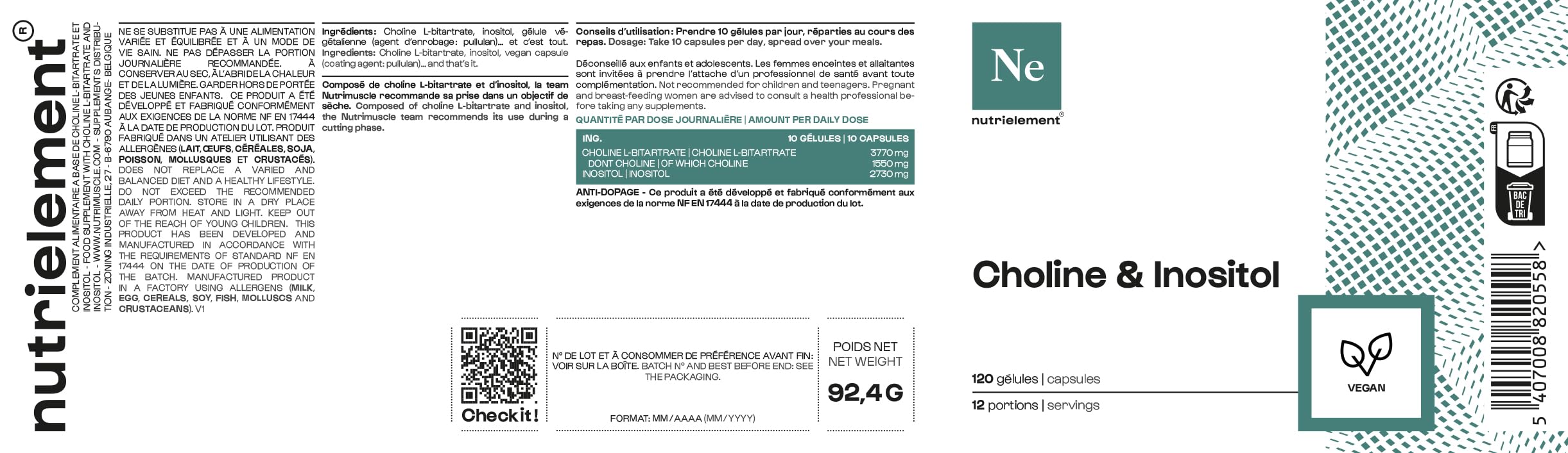 Mix Choline & Inositol - 120 Gélules • Brûleur de Graisse • Fat Burner • Idéal en Sèche • Sans Gluten ni OGM • Fitness & Musculation • Vegan | Nutrielement