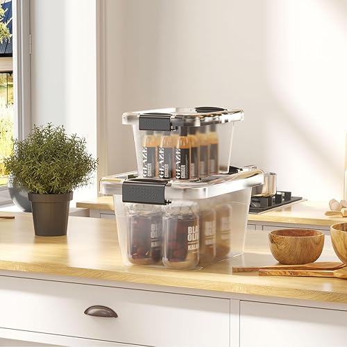 Miniatura 6 de Nazhura Contenedor de almacenamiento de plástico, cajas de almacenamiento apilables y encajables con tapas blancas y hebillas de cierre seguras,