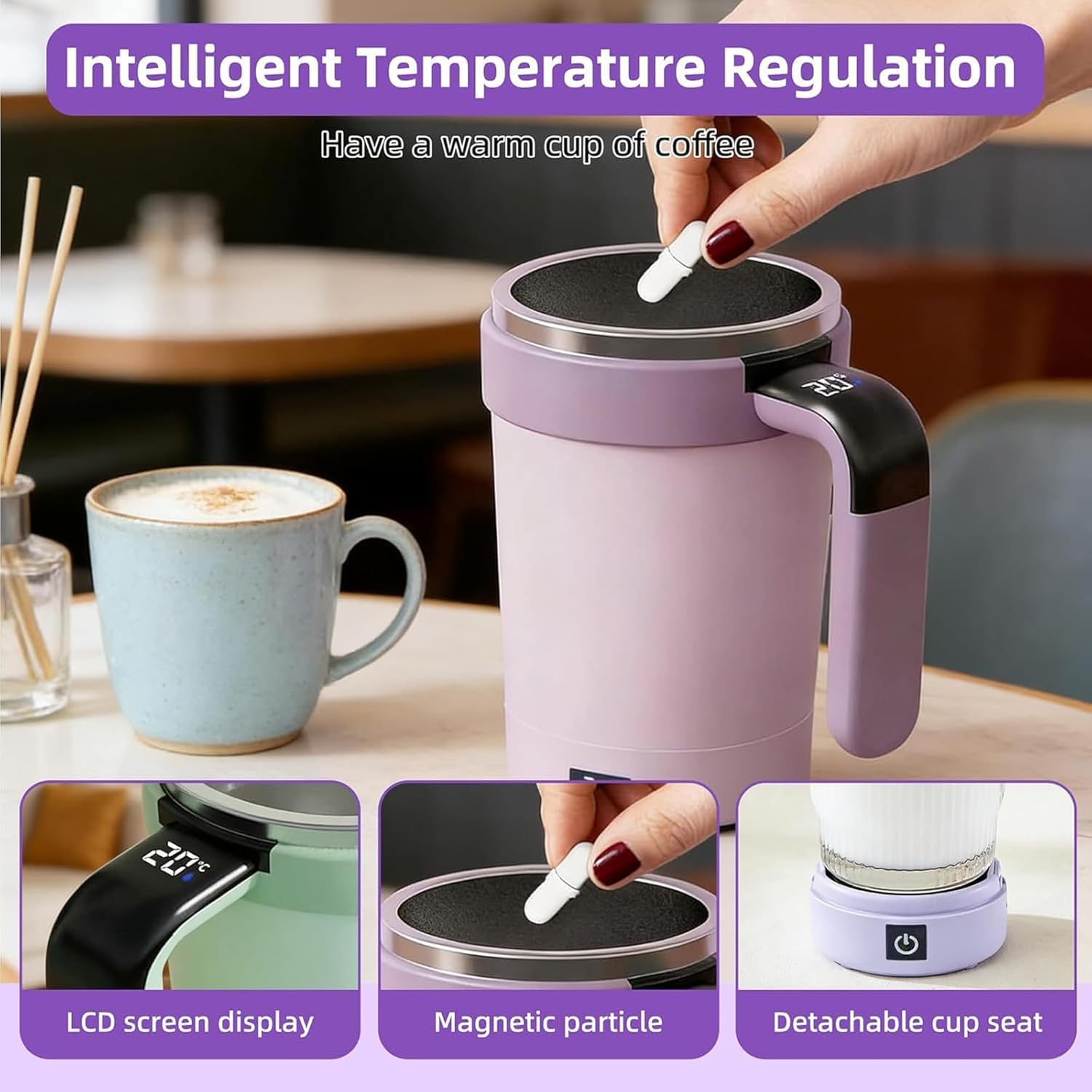 Taza agitadora magnética, taza de viaje calentada con control de temperatura inteligente, mezclador de bebidas portátil, recargable por USB-C, uso con una sola mano, base extraíble para café y té