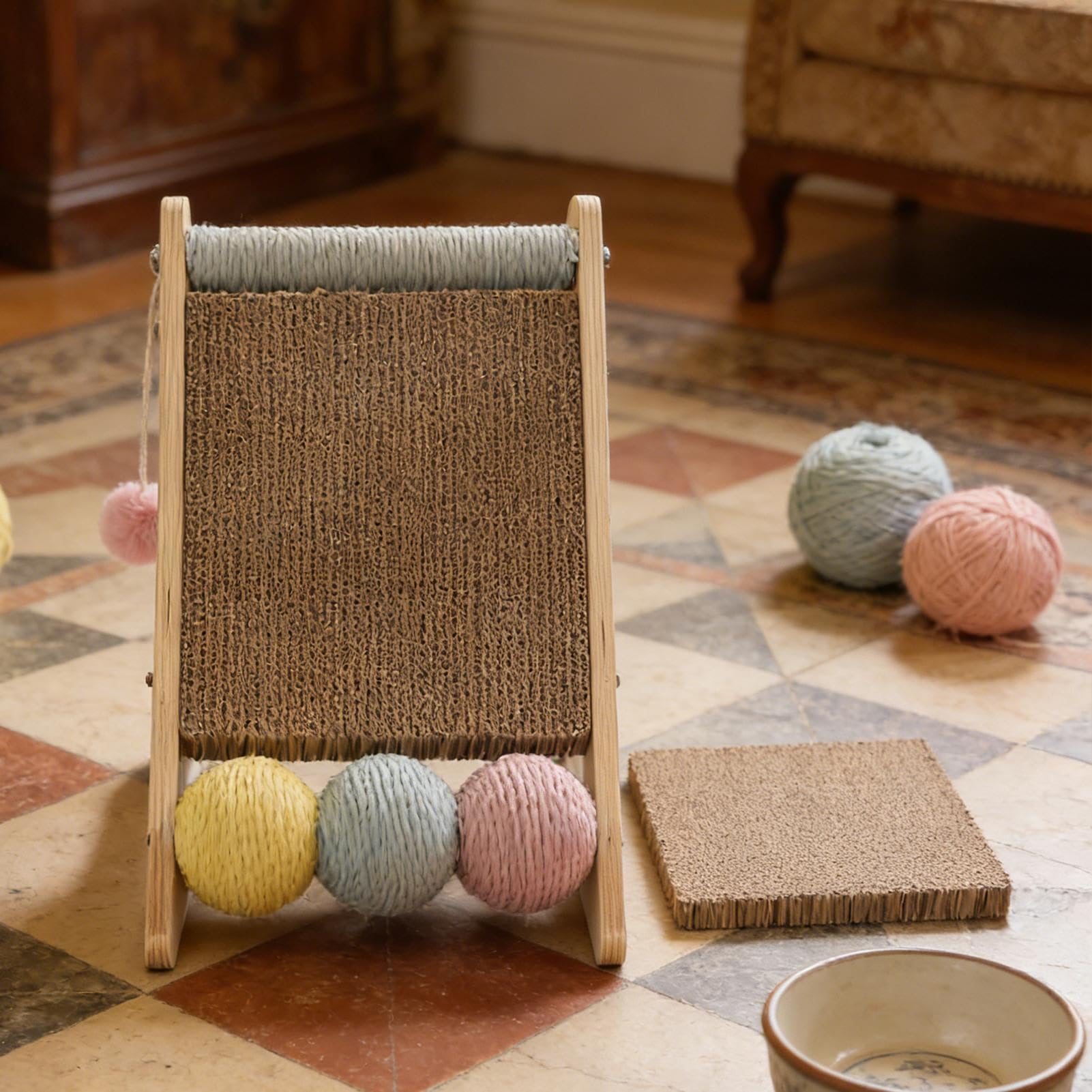 Rascador para Gatos Triangular de Cartón con Pelotas Interactivas | Tabla de Rascar para Gatos de Interior Para protección de , hogar, cama, sofá, alfombra, puerta y suelo