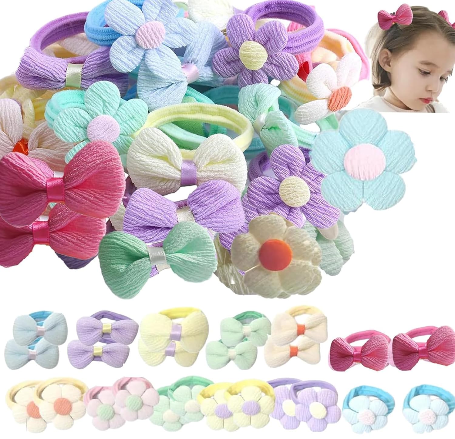 24 Pcs Cute Hair Ties for Girls Elastic Toddle Hair Ties with Bows and Flowers Cotton Soft Seamless Elastic Hair Bands Ponytail Holder For Little Girls Infant Baby Girl Dopamine Hair Accessories