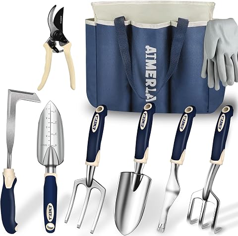 Gardening Tools Set of 9 Heavy Duty Garden Tools with Non-Slip Rubber Grip and L