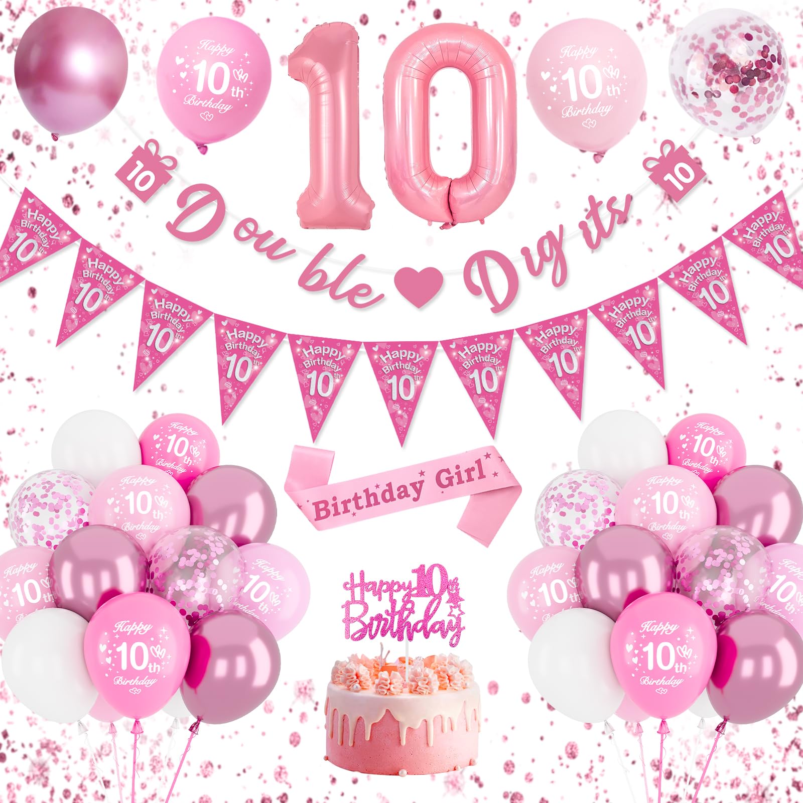 10th Birthday Decorations for Girls, Pink Balloons with Happy Birthday Banner for 10 Years Old, Number 10 Balloon Birthday Sash Cake Topper Party Supplies for Girls