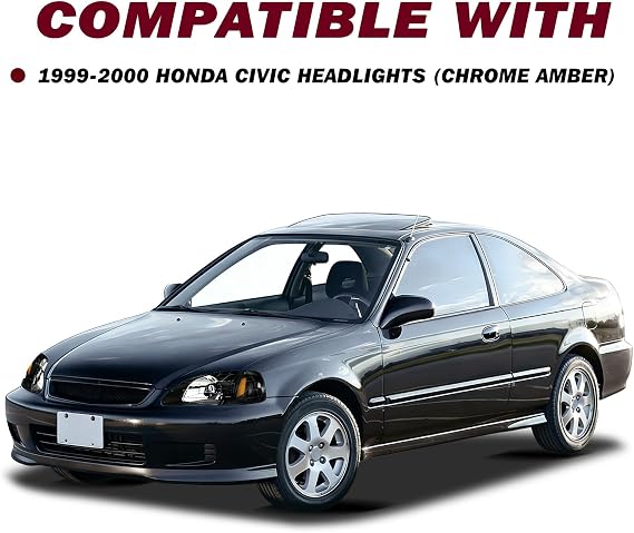 JSBOYAT Headlight Assembly Pair w/Bulbs for 1999 2000 Honda Civic [Halogen Type] OE Style Headlamp Replacement L+R (Black Housing with Amber Reflector)