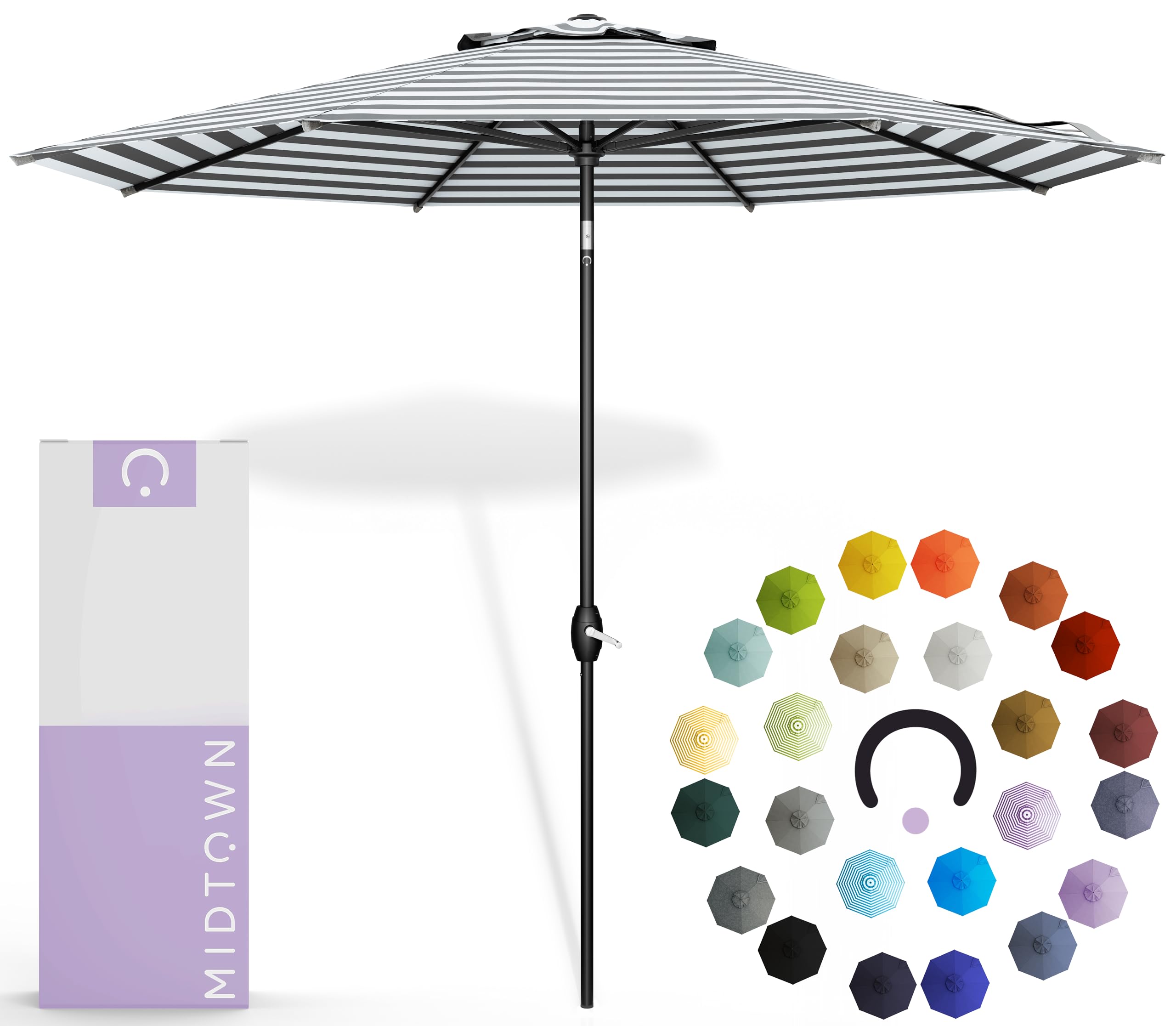 Midtown Umbrellas The Lean 10 Feet Outdoor Umbrella With Terylast Matter Stripes (Grey/White Stripes) Polyester Fabric - Auto-Tilt Aluminum Frame Patio Umbrella For Deck, Garden, Pool - Black Pole