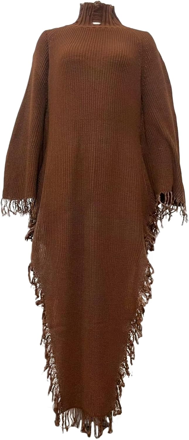 Vaceky Fringe Sweater Dresses Women Trendy Mock Neck Big Bell Sleeve High Slit Dress - Image 4