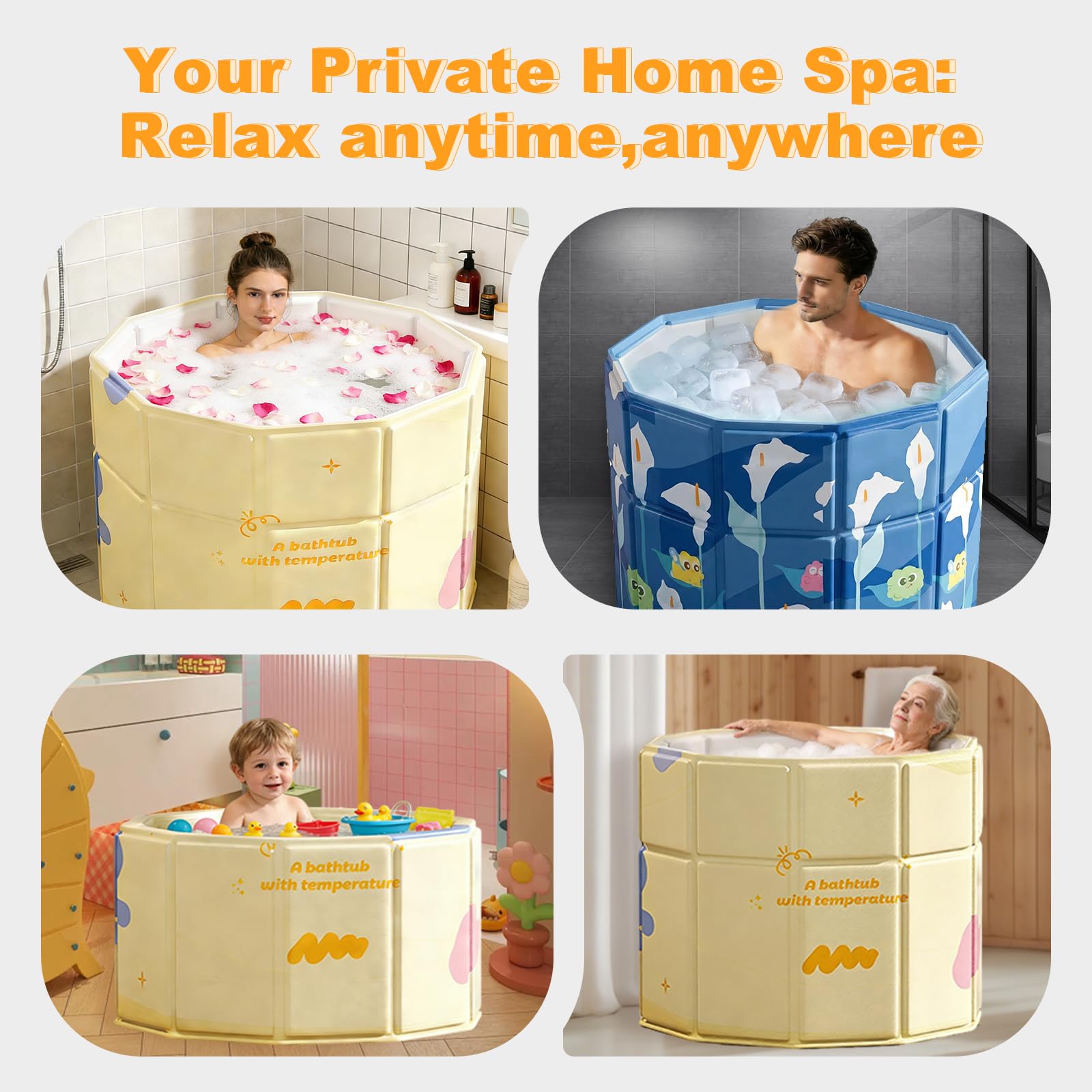Bañera Plegable Adultos 70cm, Bañera Portátil de Doble Plegado con Diseño "Step-in" de Fácil Acceso, Cubeta de Baño para Hielo y Agua Caliente, Ideal para Personas Mayores y Niños, Azul