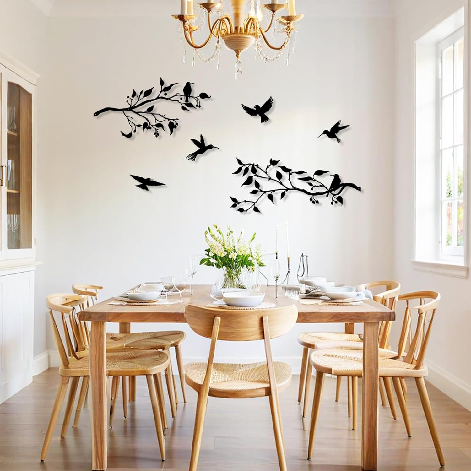 4PCS Large Hummingbird Metal Wall Art Black Metal Bird Wall Art Birds on Branch Silhouette Art Metal Leaves with Hummingbirds Outdoor Wall Decor for Livingroom Balcony Garden Patio Decor.