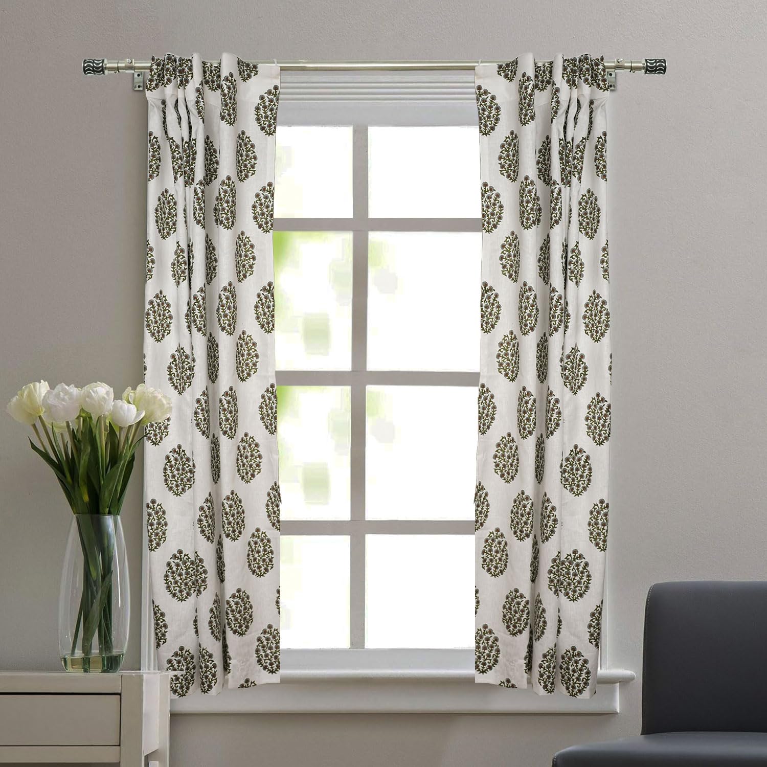 Fabritual Viscose Colored Linen Drape Handmade Block Print Shower Ring, Hook Curtain for Bedroom, Kitchen, 2-Panel Set, Perfect for Home Decor 54