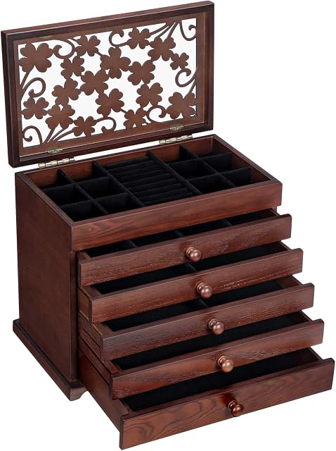 SONGMICS Wooden Jewellery Box with Floral Carving, 6-Tier Jewellery Organiser with 5 Removable Pull-Out Drawers, Gift for Loved Ones, Dark Brown JBC56W