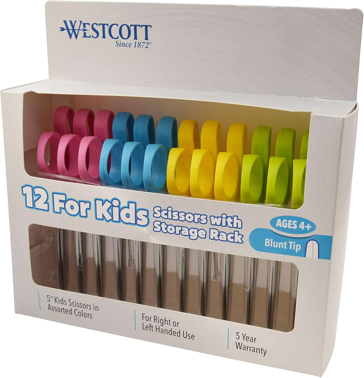 Westcott Kleencut Kids Blunt Scissors with Storage Rack, 5", Set of 12, Assorted Colors