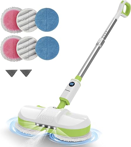 AlfaBot Trapeador eléctrico inalámbrico para limpieza de pisos, trapeador de doble giro con faros LED, rociador de agua, autopropulsado, limpia