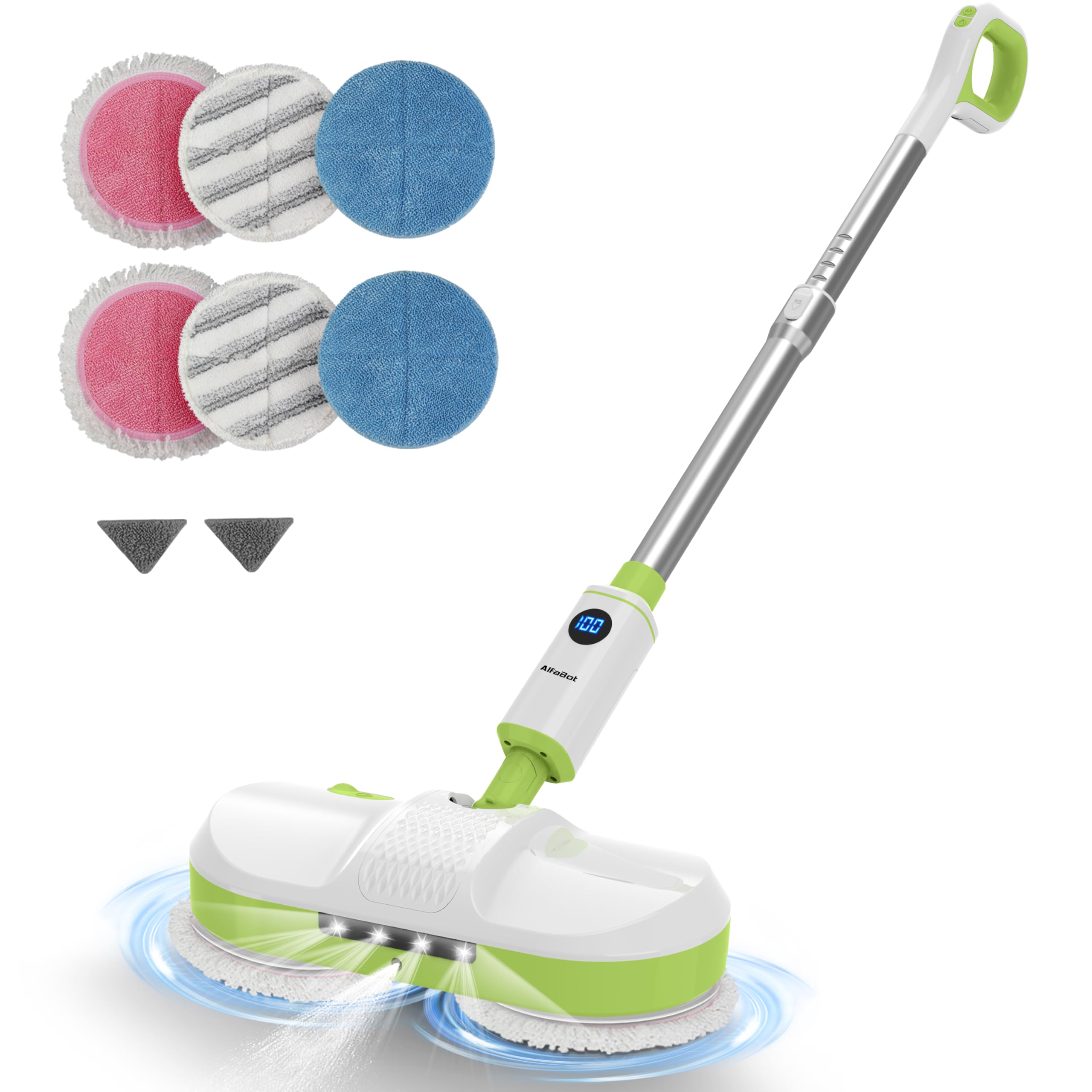 AlfaBot - Cordless Electric Mop for Floor Cleaning, Dual Spin Mop with LED Headlights, Water/Self-Propelled Spray, Cleans Up to 2700 Sq.Ft, Rechargeable Mop with