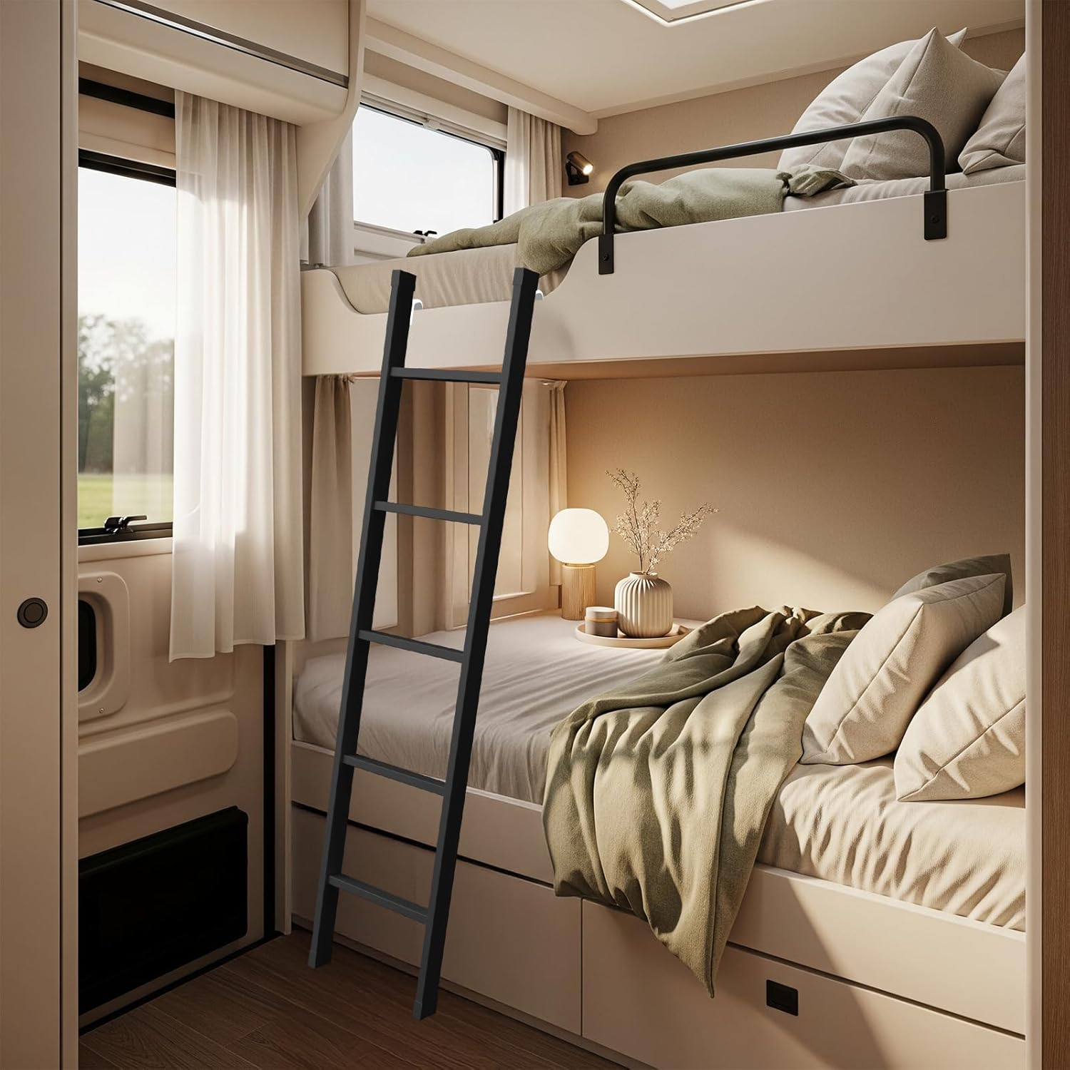 RV Bunk Bed Ladder, 55Inch Heavy Duty Travel Trailer Bed Ladders, Metal Camper Bunk Bed Ladder with 4 Hook and Foot Caps, 330 LBS Loading Twin Bed Step Ladder Portable Stairs Steps (Black, 55inch)
