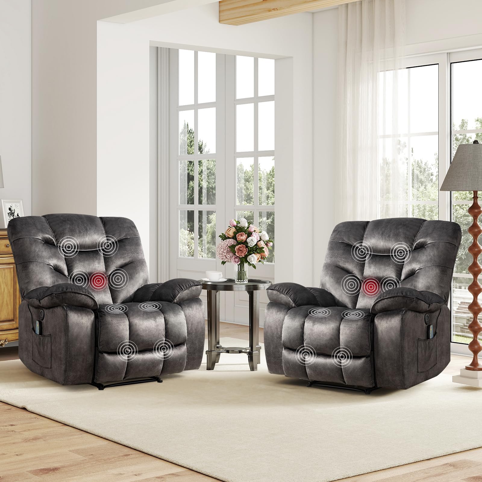 HAOMARKETS Oversized Power Recliner Chair with Massage and Heat Set of 2, 41" Wide Electric Reclining Chairs with USB Port, Breathable Fabric Overstuffed Reclining Sofa for Living Room Bedroom