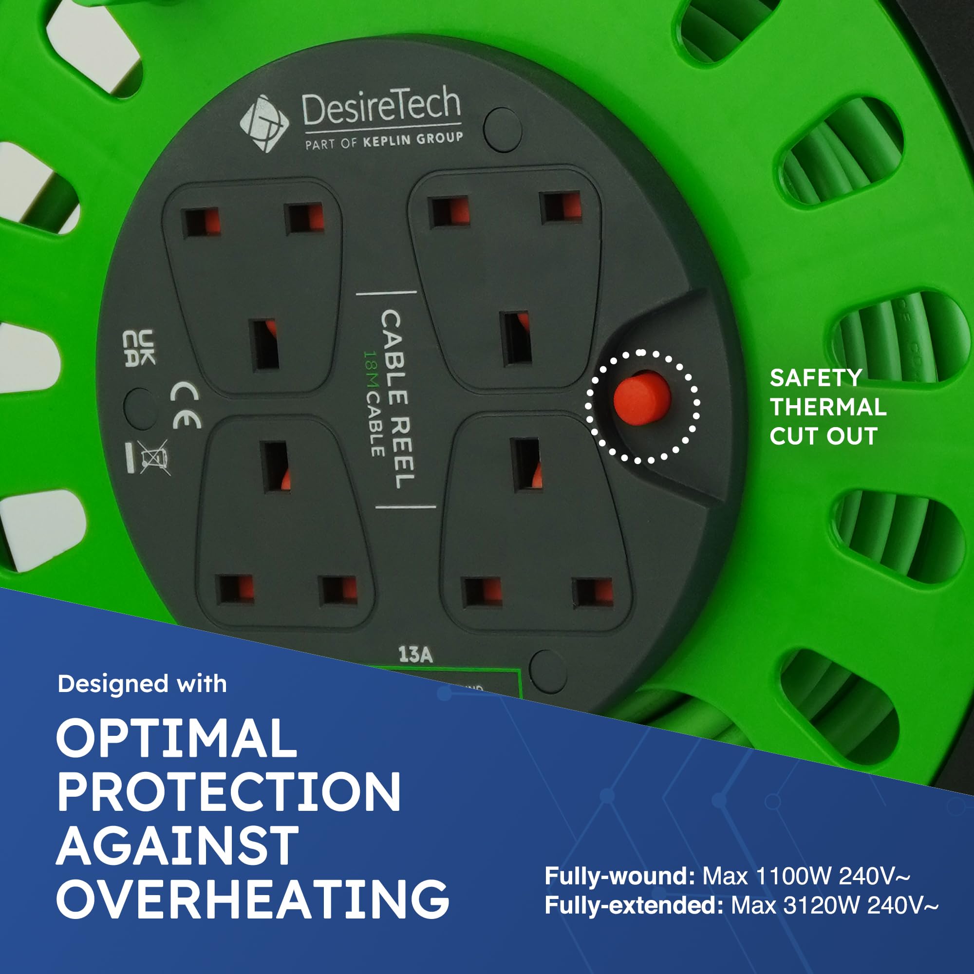 Desiretech - Cable de extensión portátil de 18 Metros - 4 enchufes obturados, Corte térmico, Mango ergonómico, Verde/Negro - Cable de extensión Resistente para Uso en Interiores (18 Metros)