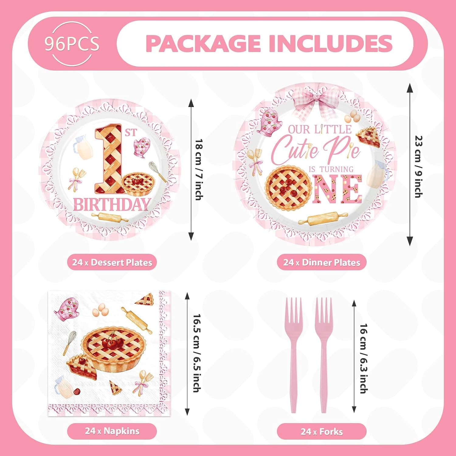 96Pcs Cutie Pie 1st Birthday Party Decorations Our Little Cutie Pie is Turning One Plates and Napkins Pink 1st Birthday Disposable Paper Tableware Set for Girl One Year Old Party Supplies Serves 24