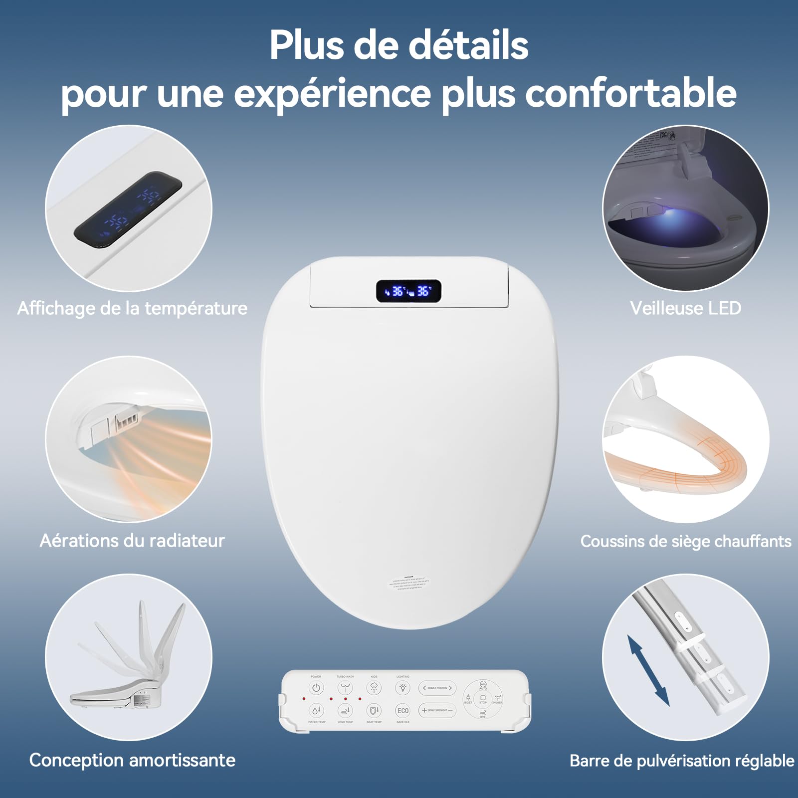 YOURLITE Siège de Toilette Intelligent,Abattant WC Japonais électrique,Siège Toilette Japonaise,Bidet Chauffant avec Buse,Frein de Chute,Séchage,Veilleuse,Télécommande,Forme V,Blanc
