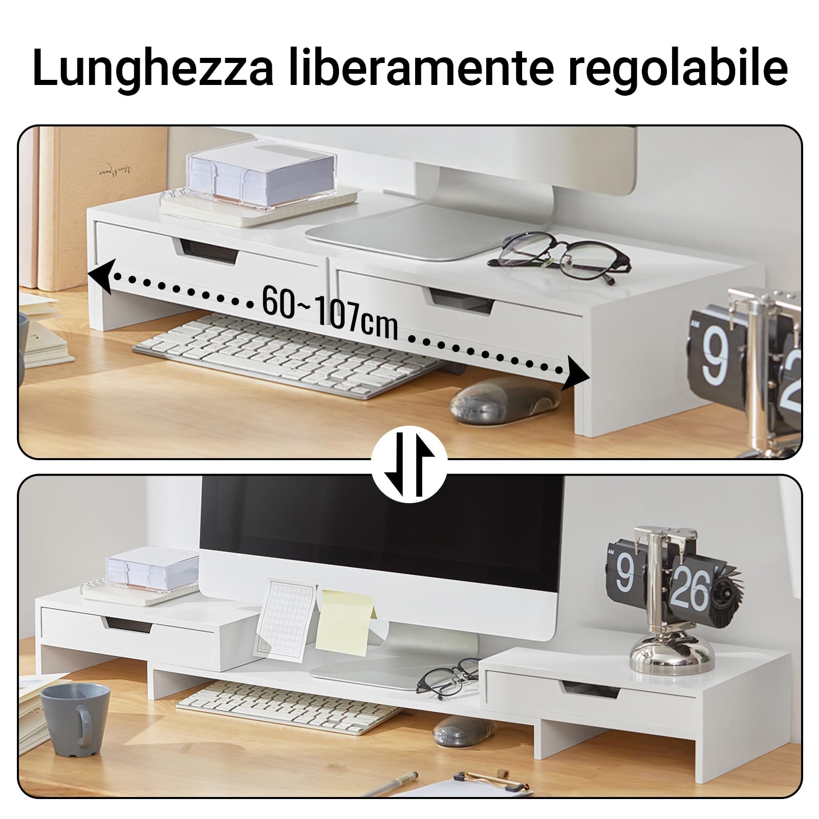 SoBuy Supporto Monitor Scrivania Rialzo Monitor da Scrivania Regolabile con 2 Cassetti Supporto PC Portatile Laptop Stand da Ufficio Bianco 60–107x22x11cm BBF04-W