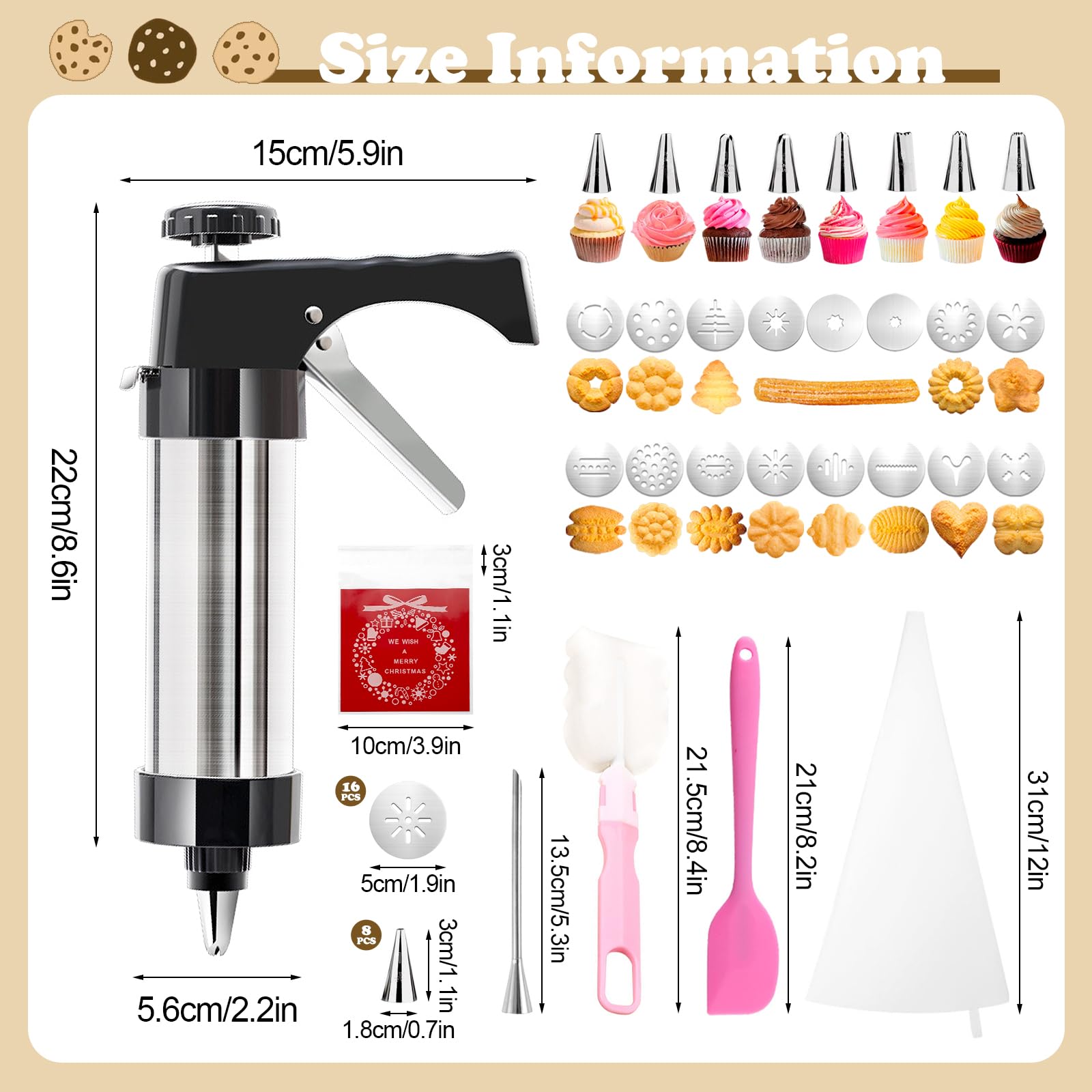 Gebäckpresse für Spritzgebäck Edelstahl Teigspritze Spritzgebäck Presse mit 16 Schablonen, 8 Tüllen, Spritzbeutel Keksbeutel und Reinigungsbürste Kekspress Plätzchenpresse für Kuchen Kekse Churros