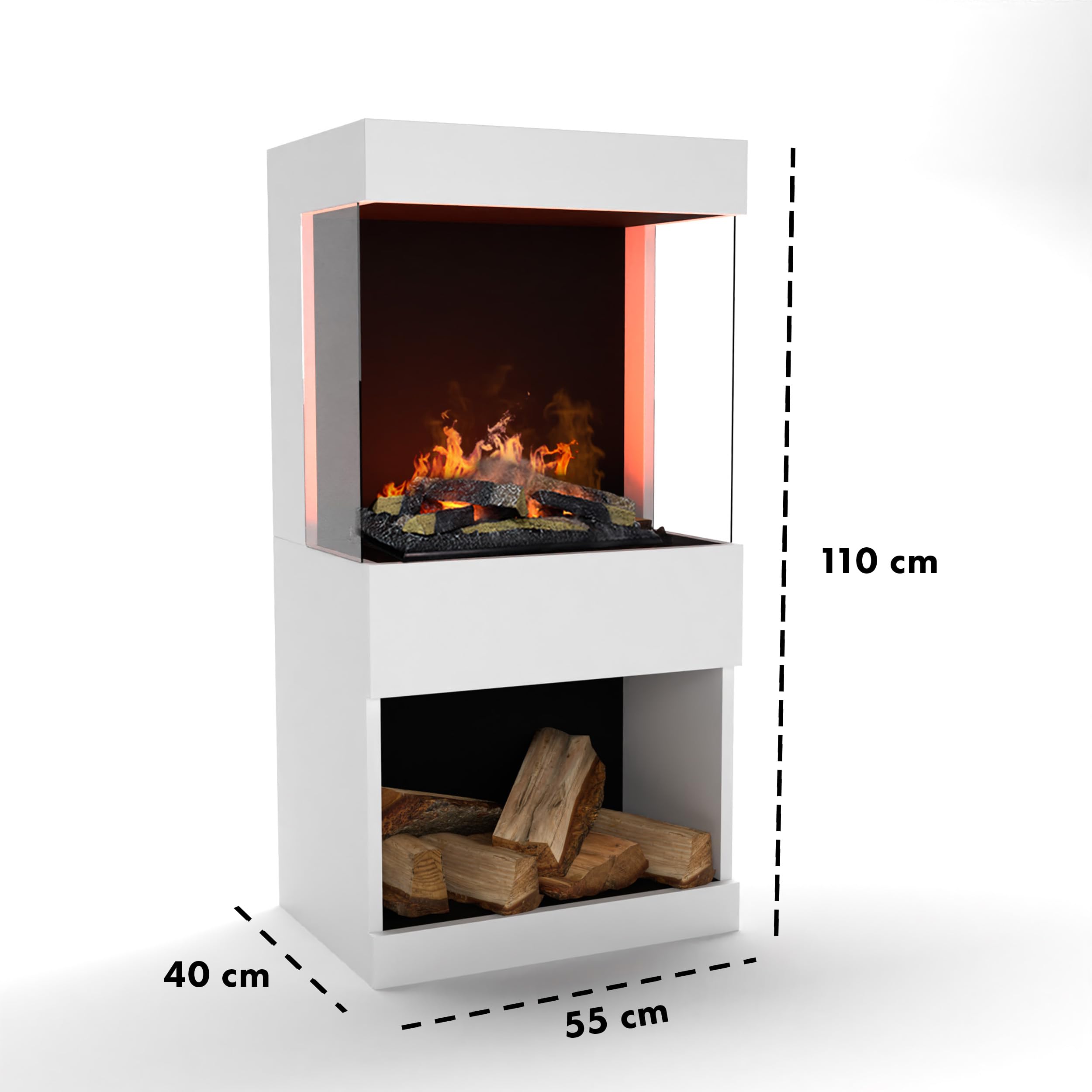 GLOW FIRE Wasserdampf Kamin OGF 2 (Standkamin) - Elektrokamin mit realistischen LED 3D-Flammen, Knistereffekt & Fernbedienung, 55x110x40 cm - Opti-Myst 400 Elektro Kamin mit Holz-Deko, Weiß