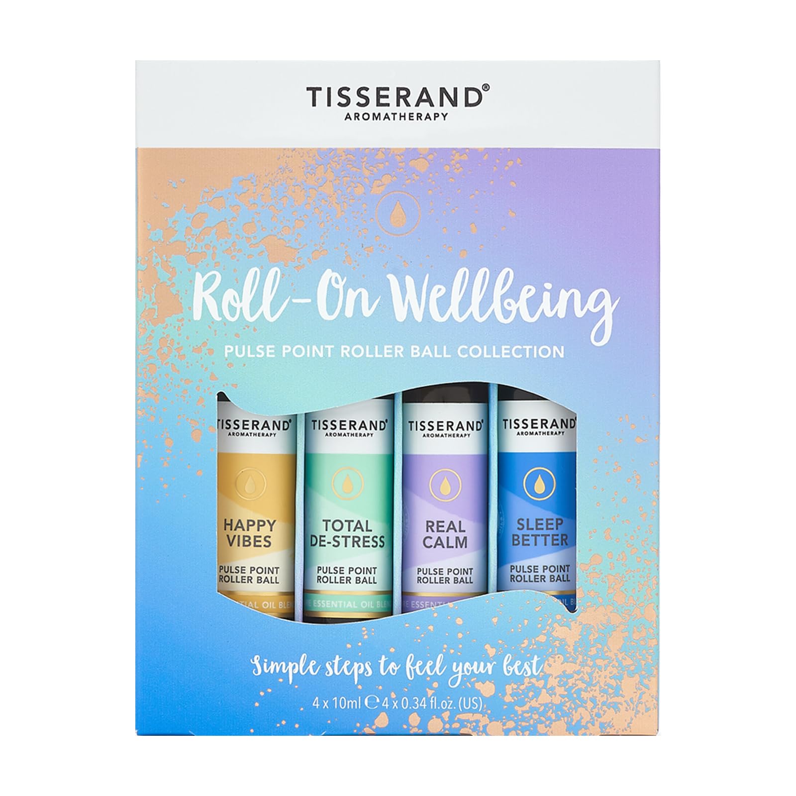 Tisserand Aromatherapy - Wellbeing Roller Ball Collection - Pulse Point Roller Ball - Happy Vibes, Total De-Stress, Sleep Better and Real Calm - 100% Natural Pure Essential Oils - 4x10ml