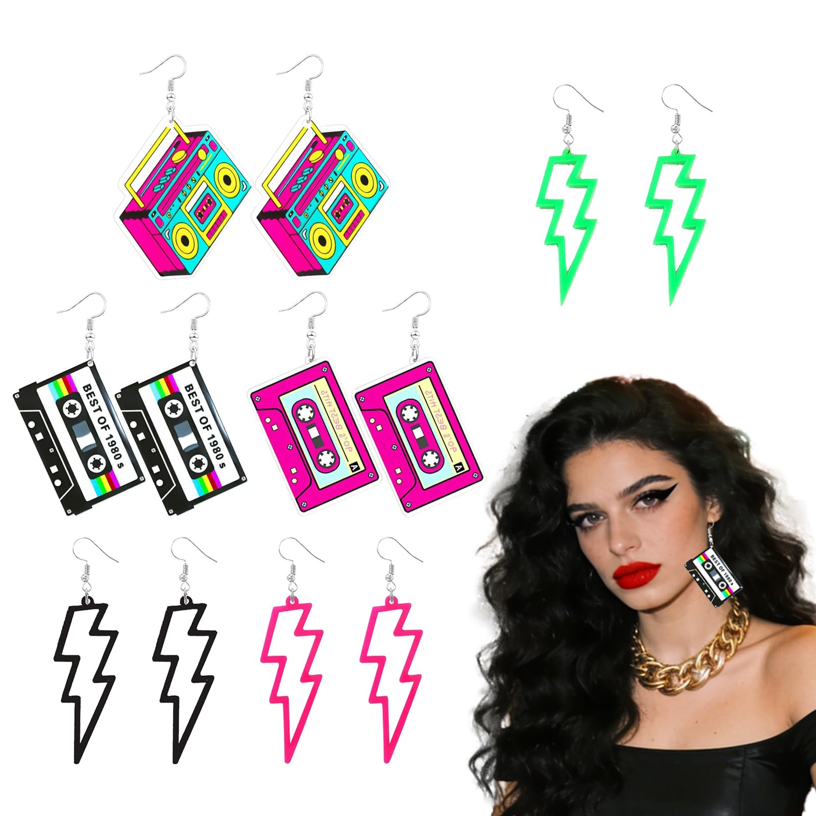 Pendientes de Neón Años 80 Retro Cintas de Casete 6 Pares Mujer