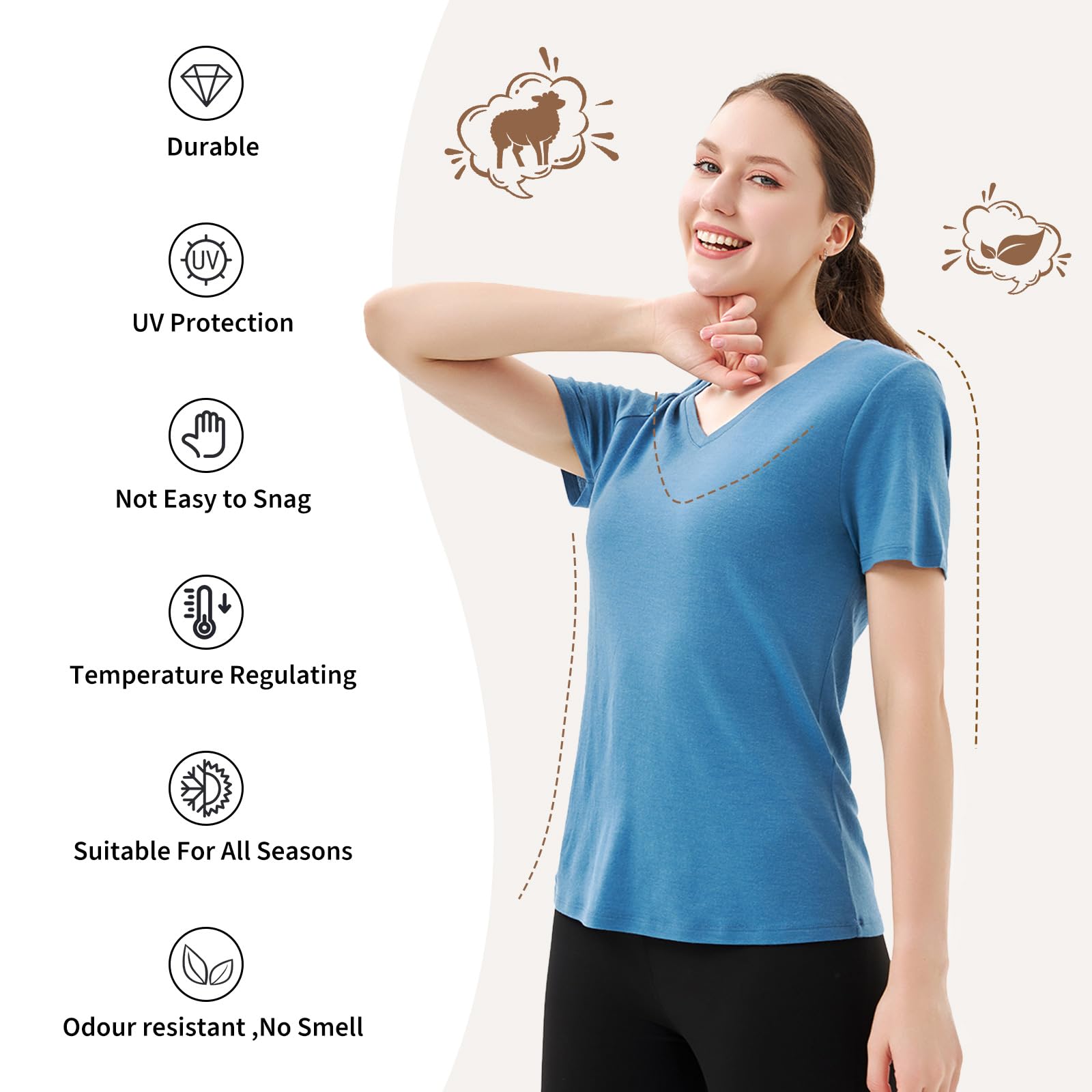 Merino Protect 100% Lana Merino Magliette Donne Collo V Maniche Corte Resistenza Odore Strato Base Viaggio Escursionismo Base Layer