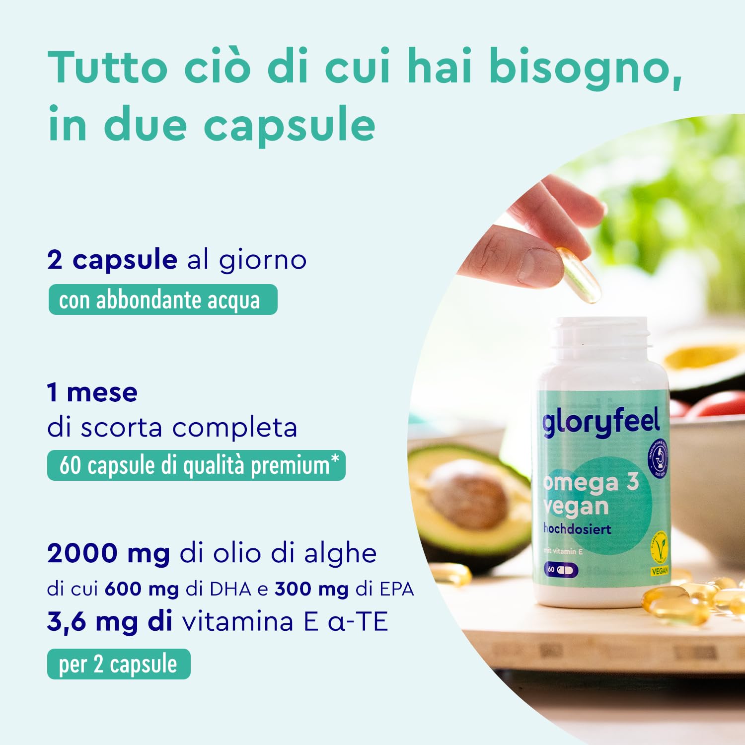 Omega 3 Vegano, Eletto PRODOTTO DELL'ANNO 2025, 60 Capsule, Materia Prima life’sOMEGA, 2000mg di Olio di Alghe con 600mg di DHA e 300mg di EPA, Alta Biodisponibilità, Arricchito con Vitamina E