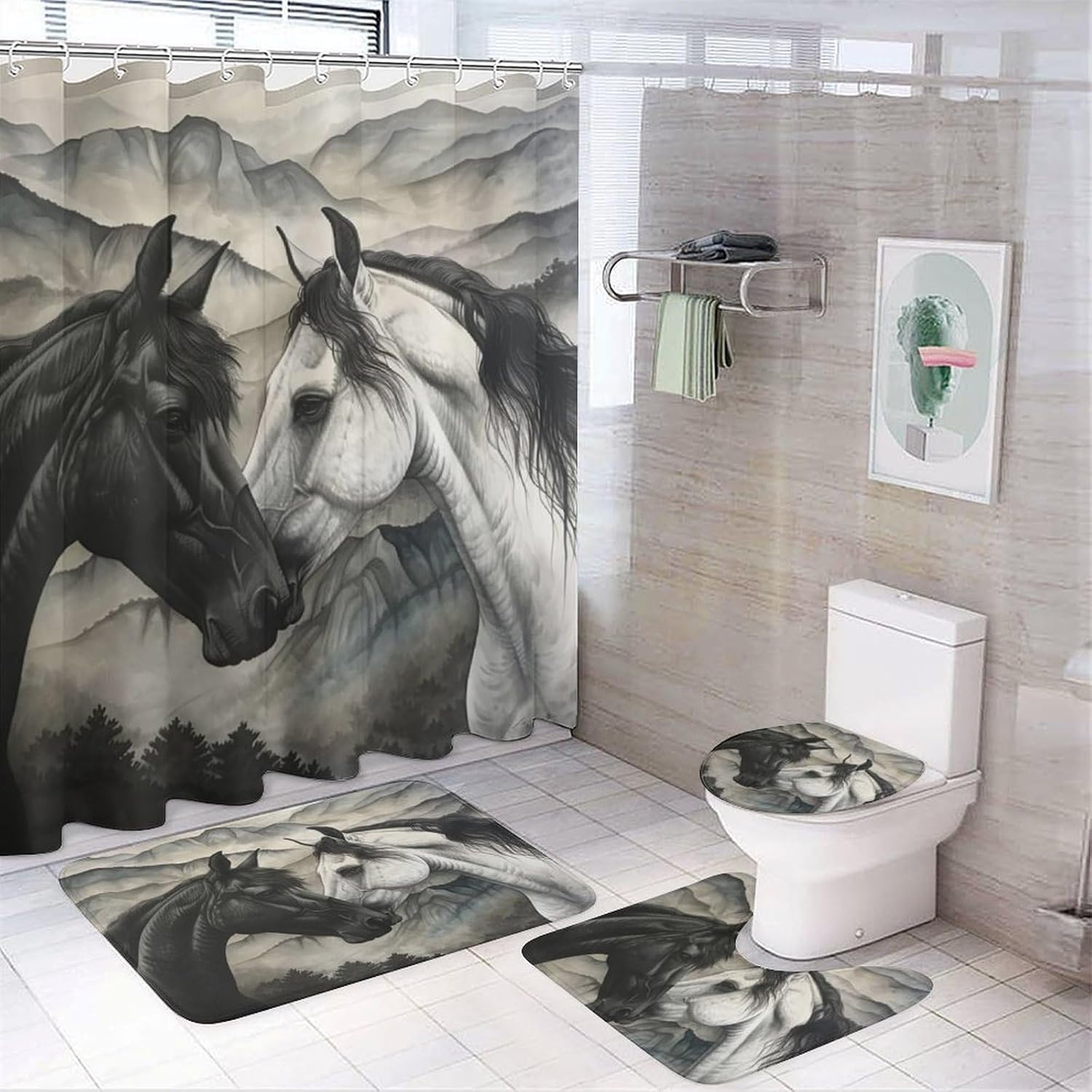 4Pcs Classic Mountain Horse Shower Curtain Set with Toilet Lid Cover Non-Slip Rugs for Bathroom, Black White Animal Tree Shower Curtain Bathroom Sets with Hooks, 72x72 Inch