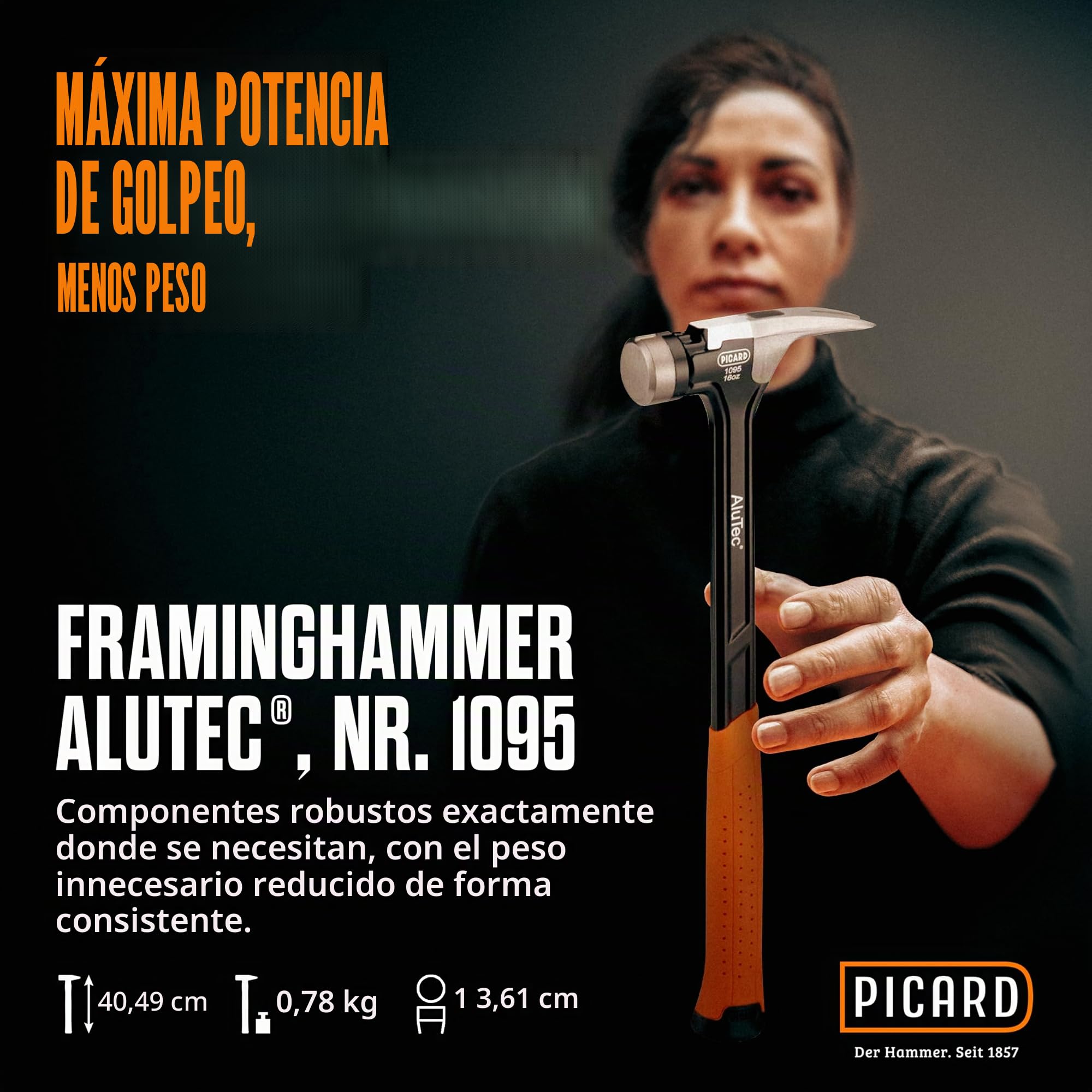 PICARD Martillo AluTec no.1095 superficie lisa | Martillo Carpintero Profesional | Encofrador con Cabeza Híbrida de Aluminio y Acero | Mango Ergonómico Antivibración | Martelo