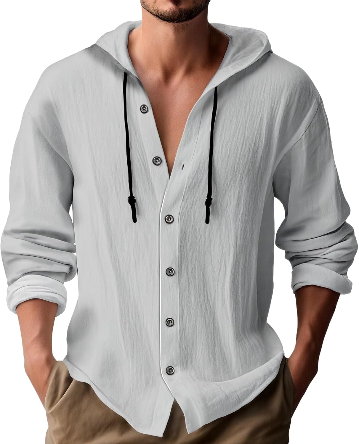 MARSVOVO Mens Sweatshirts Summer Long Sleeve Drawstring Button Up Shirts with Hood Loose fit Beach 2025 Hawaiian Hoodies