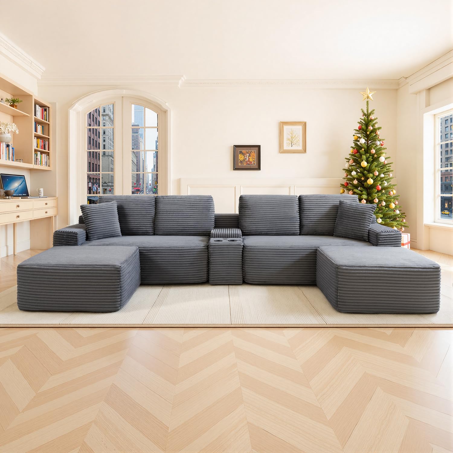 125 Oversized Modular Sectional Sofa Deep Seat Cloud L-Shaped Corduroy Couch with Cup Holders USB Ports Storage Box