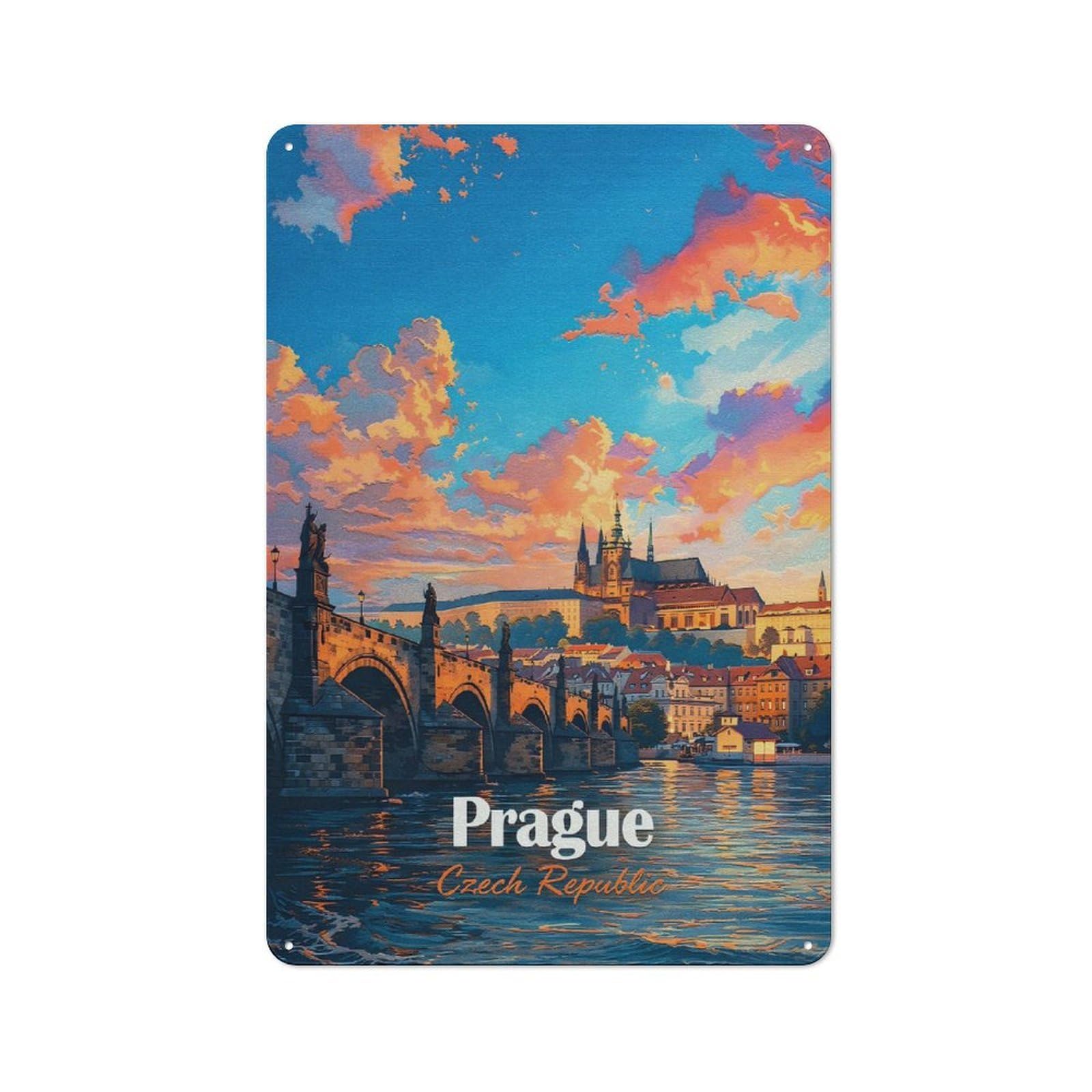Junmoney Style-9 Prague Czech Republic Cityscape Painting Retro Metal Wall Decor 30X20cm, Vintage Metal Sign For Cafe, Pub, Workshop Or Home Bar