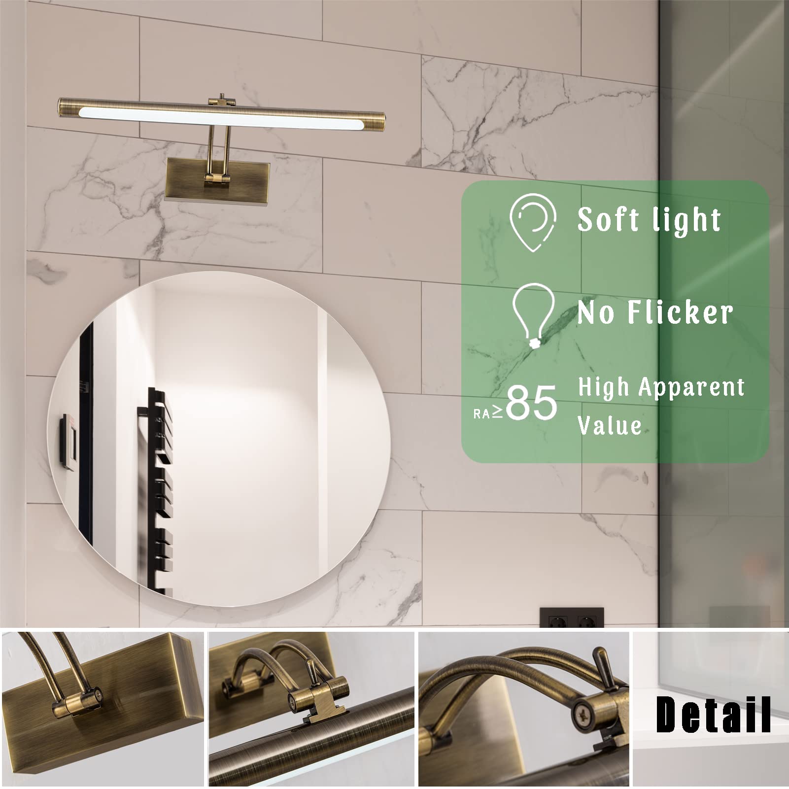 LED Spiegelleuchte, 40cm Retro Europäischen Stil LED Badspiegelleuchten Badezimmer Make-up Licht, Wasserdicht Beleuchtung Wandleuchte Spiegellampe, Antikes Messing Leichtes Spiegellampe