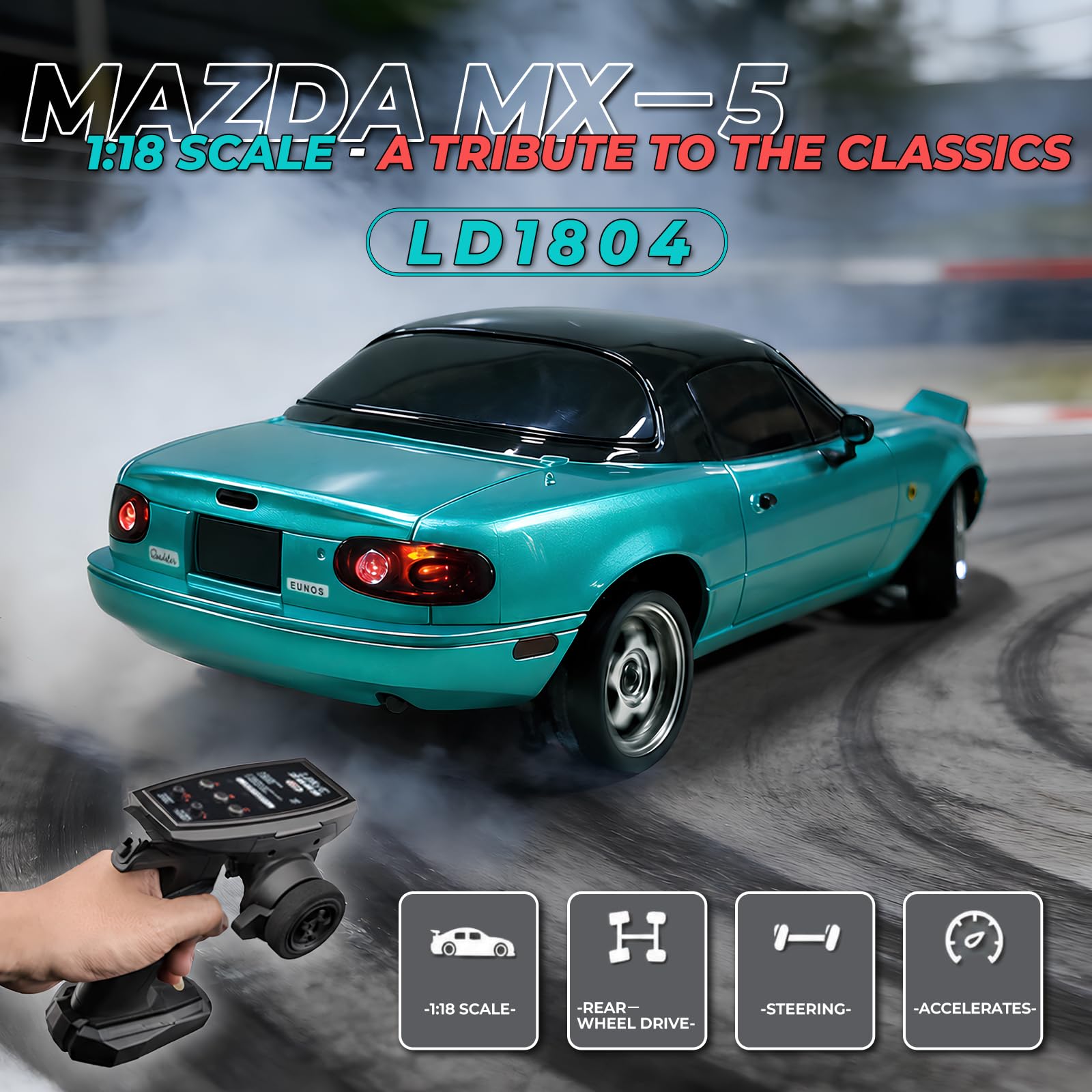 ARRIS 1/18 Scale RC Drift Car, LD1804 Mini MX-5 RC Model Car 2.4GHz RWD Miata RC Vehicles with Gyro for LED Lights for Adults Hobby Toys (Blue)