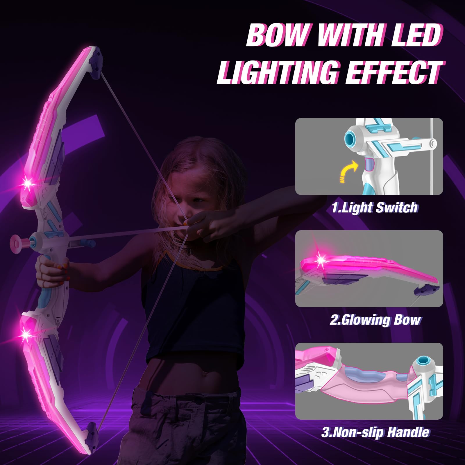 HYES Arco e Frecce per Bambini con Luci LED, Set Giocattoli Tiro con l'Arco con Ventose e Bersaglio
