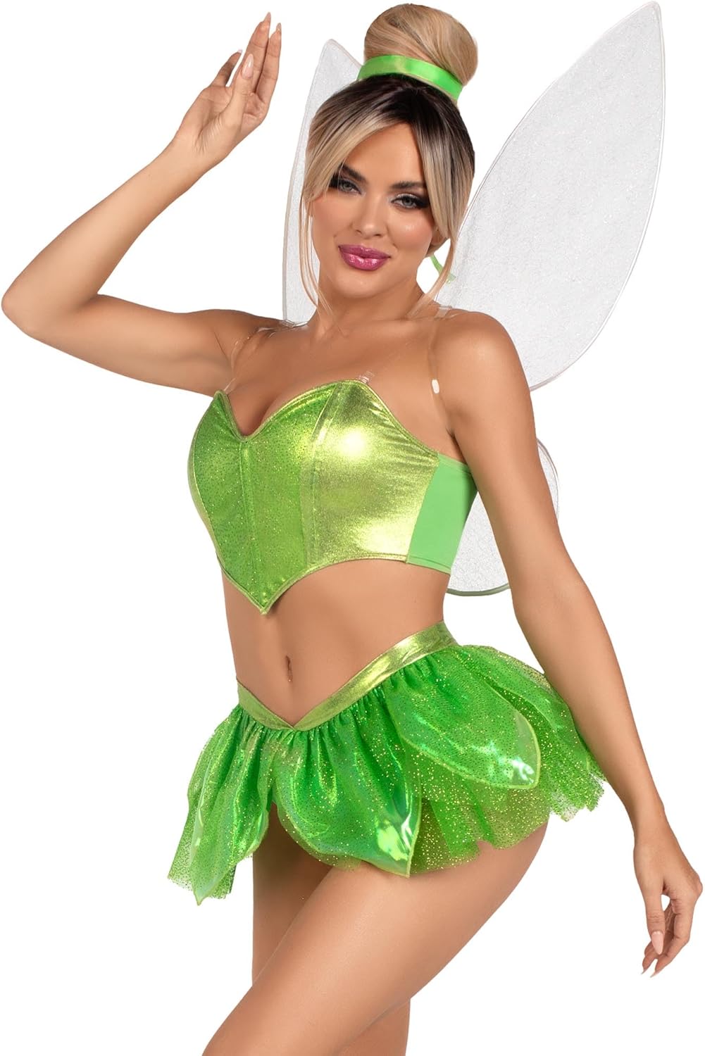 Leg Avenue Womens Rebel Fairy Includes Shimmer Boned Crop Top With Detachable Clear Straps Panty With Skirt Iridescent Wings Hair Ribbon