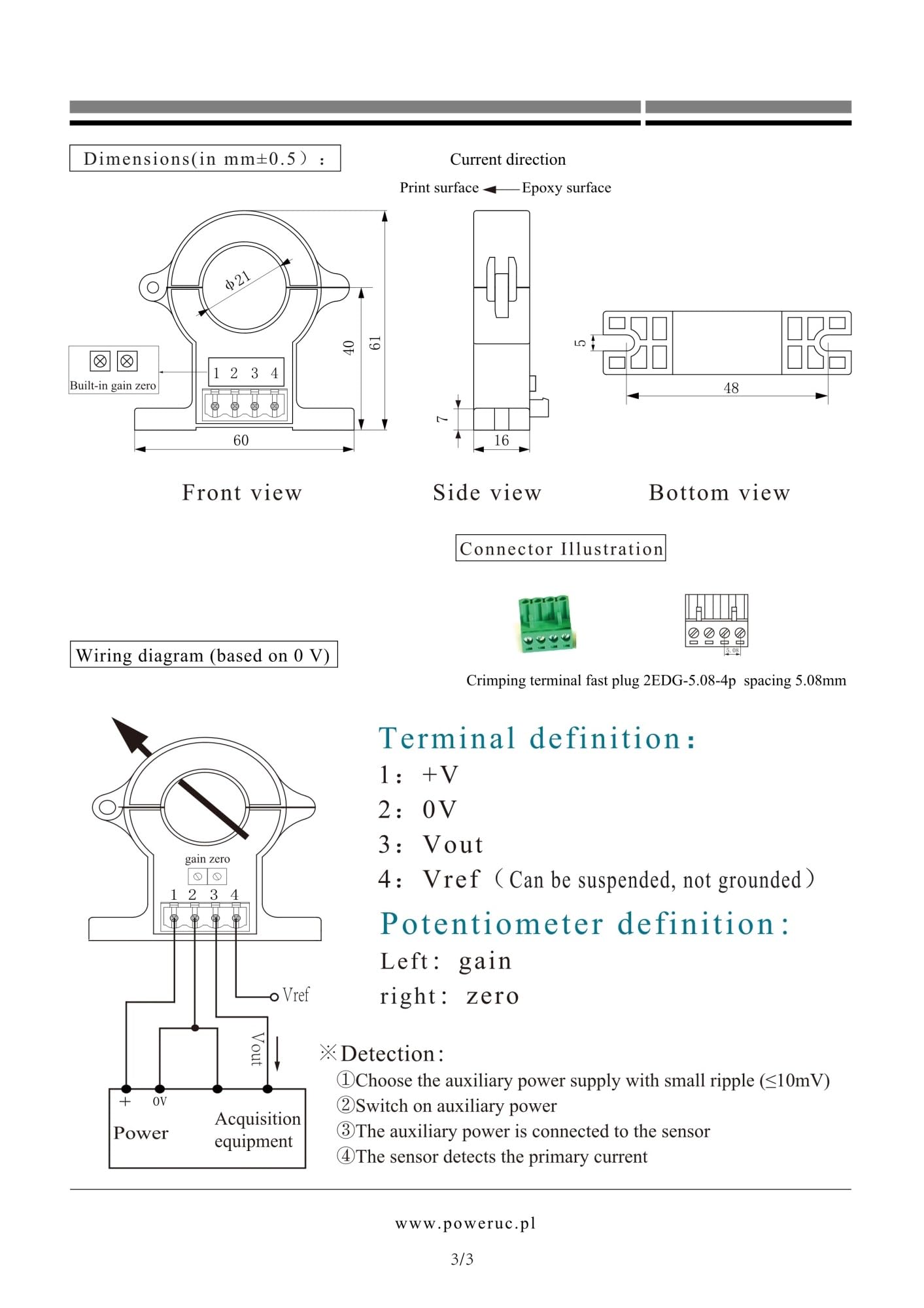 HSTS21 Ingresso 50A 100A 200A 300A 400A 500A 600A Uscita 2,5±0,625V Tensione di Alimentazione +5V Sensore di Corrente Split Core Hall(200A)