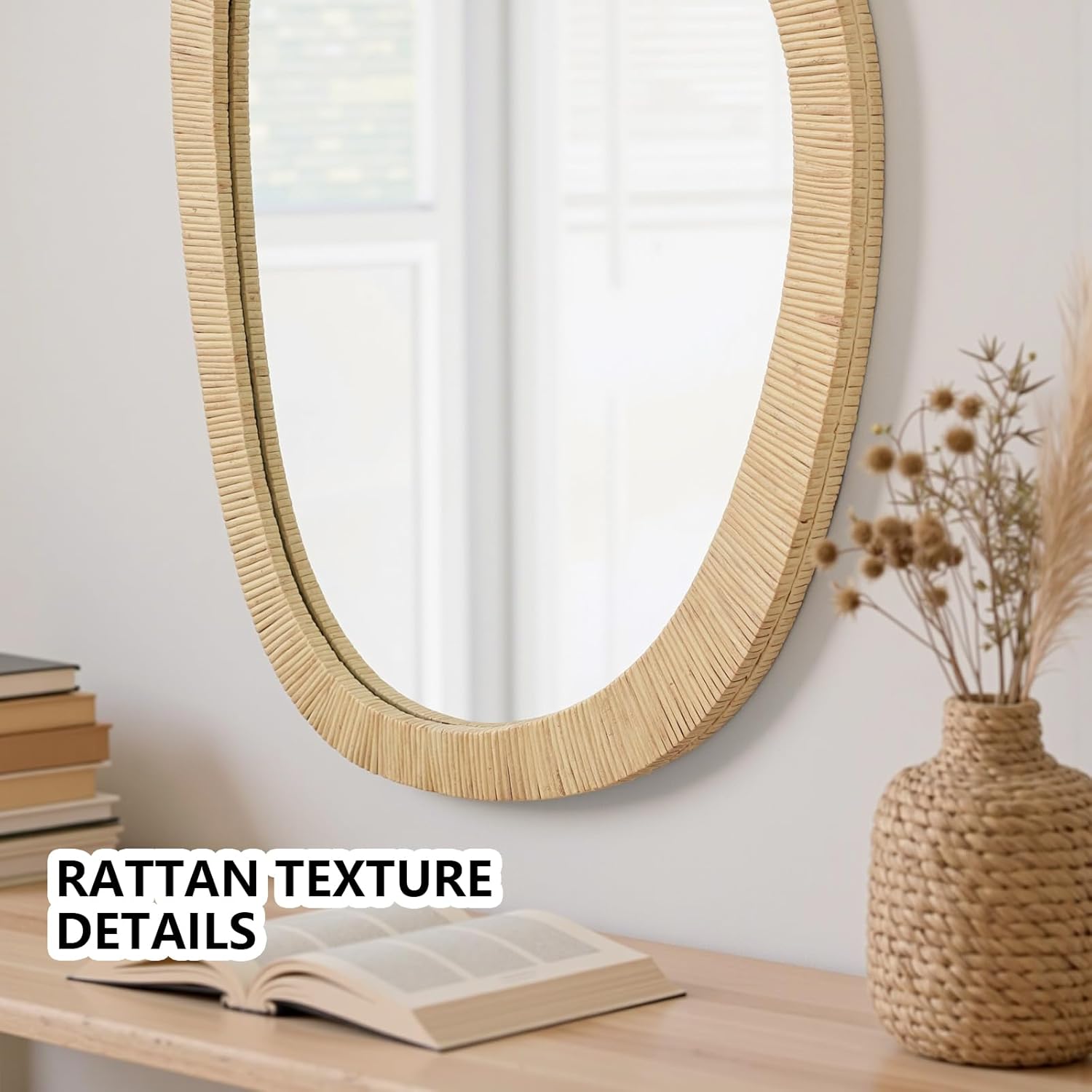 Rattan Mirror for Wall,31.5'' x 25.2" Wooden Framed Farmhouse Boho Wicker Coastal Irregular Vanity Mirror for Bathroom Living Room Entryway