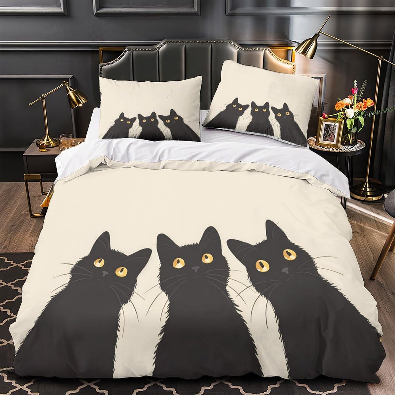 Parure de lit chat noir 140x200 housse de couette microfibre