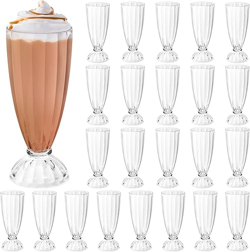 Tioncy 24 vasos de 12 onzas para batido de leche de acrílico transparente con pies para helado de soda, fuente de moda antigua para beber helado de